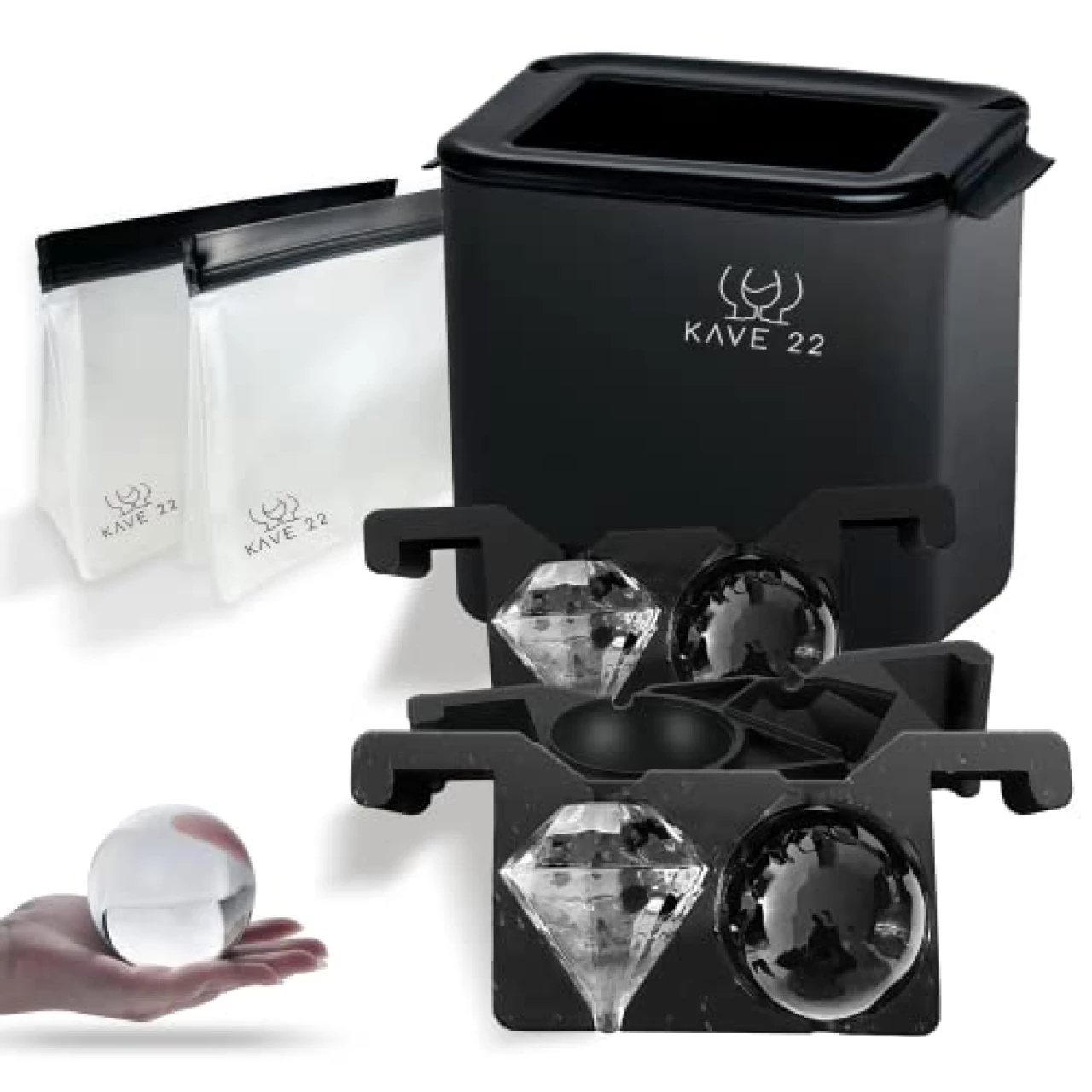 KAVE 22 Clear Ice Ball and Diamond Mold, Prepare 4 Clear Ice at Once, With 2 Storage Bags – Elegant and Refined Ice Ball Molds for Whiskey, Bourbon, Vodka – Sphere and Diamond Shaped Ice Cube Trays