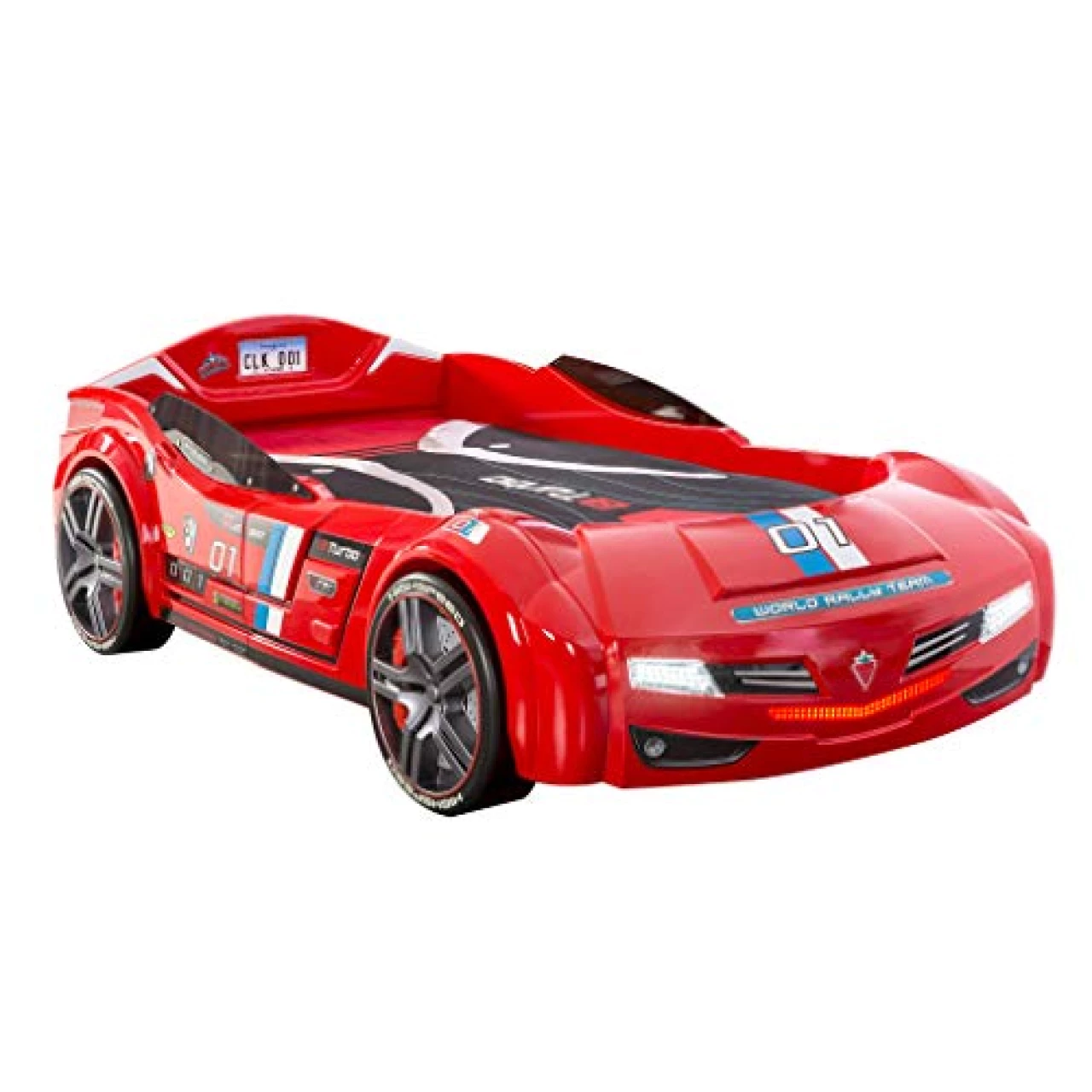 Cilek BiTurbo Twin Kids Race Car Bed Frame For Boys at age 2 to 12, Remote Controlled, LED Headlights, Engine Sound, License Plate, Red