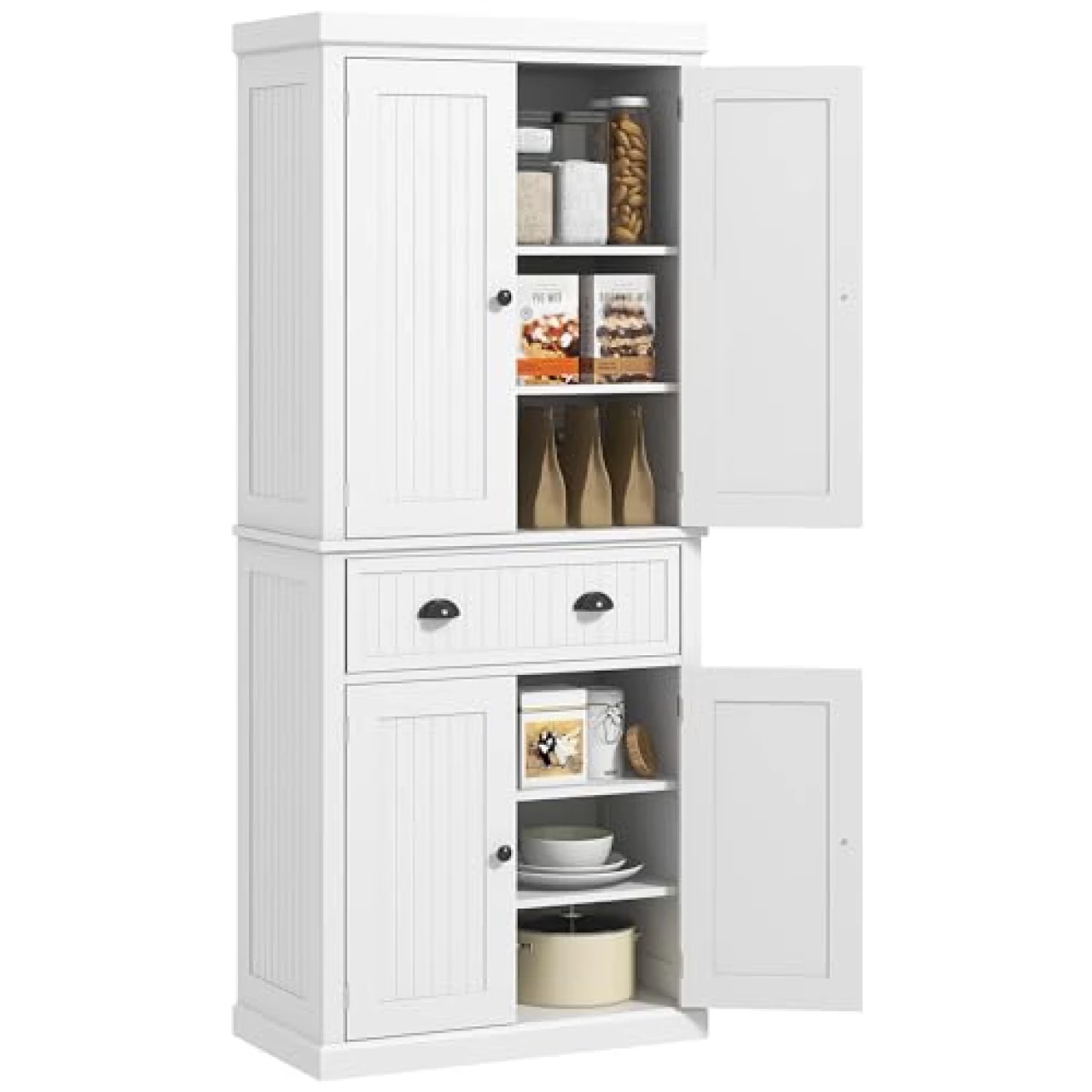 HOMCOM 72&quot; Kitchen Pantry Storage Cabinet, Traditional Freestanding Cupboard with 4 Doors and 3 Adjustable Shelves, Large Central Drawer, White