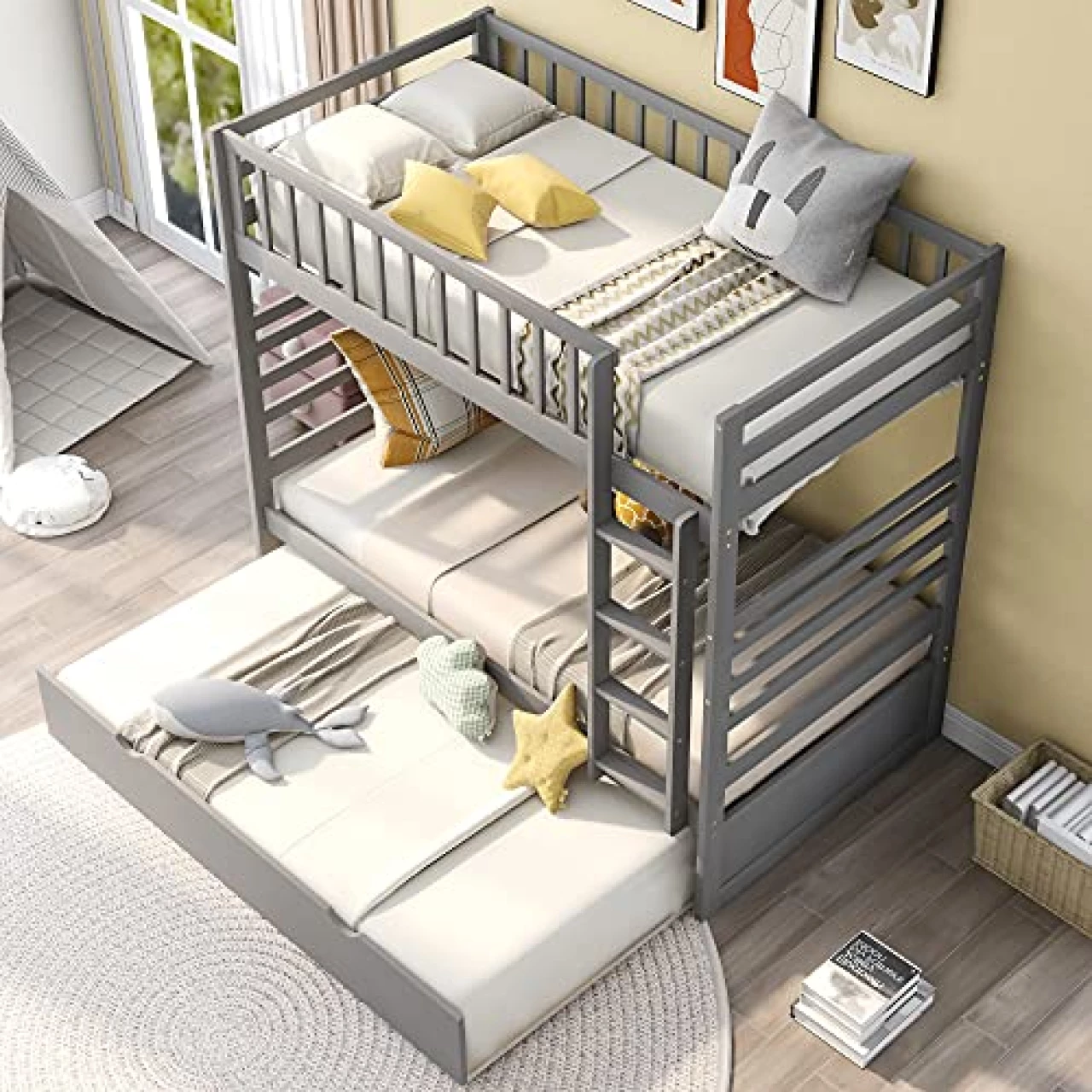 HBRR Solid Wood Twin Over Twin Bunk Bed with Safety Rail and Movable Trundle Bed