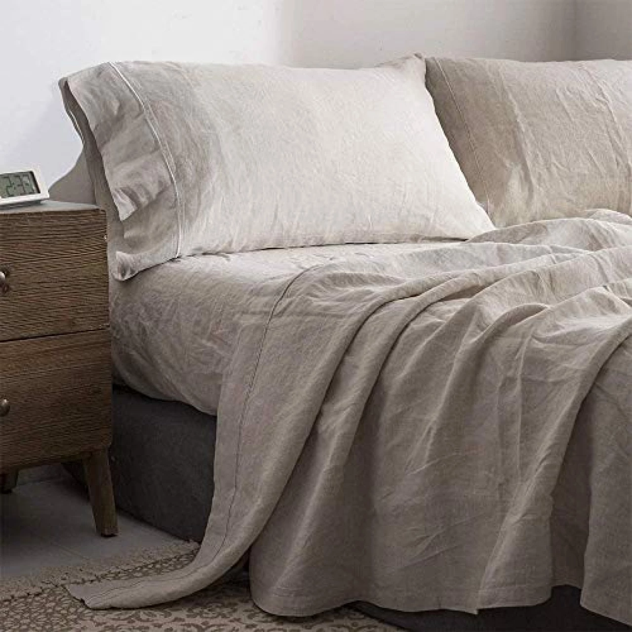 Simple&amp;Opulence 100% Washed Linen Sheet Set-King Size-Natural France Flax Bed Sheet-4 Pcs Breathable,Ultra Soft,Farmhouse Bedding (1 Flat Sheet,1 Fitted Sheet,2 Pillowcases)-Embroidery Linen