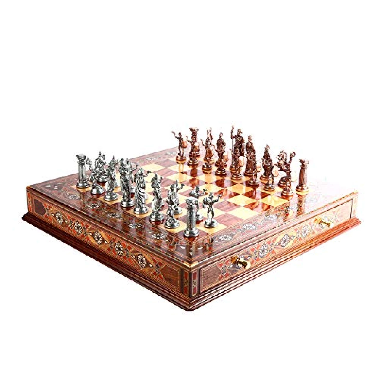 GiftHome Metal Chess Set for Adult Historical Antique Copper Rome Figures Handmade Pieces and Natural Solid Wooden Chess Board with Original Pearl Around Board and Storage Inside King 4 inc