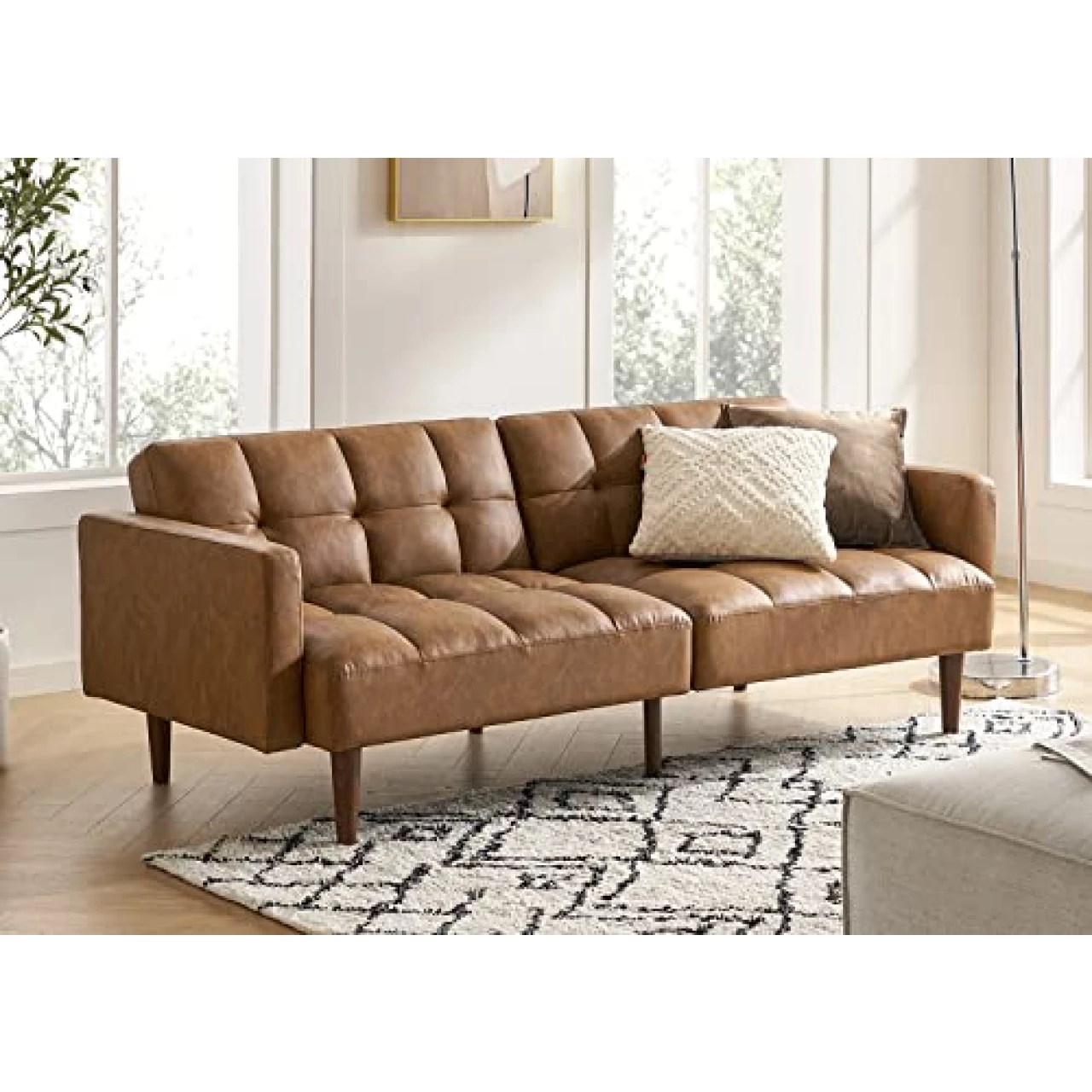 mopio Aaron Faux Leather Couch, Small Sofa, Futon, Sofa Bed, Mid Century Modern Futon Couch, Sleeper Sofa, Brown Couch, Leather Loveseat, Couches for Living Room 77.5&quot; (Faux Leather, Pecan Brown)