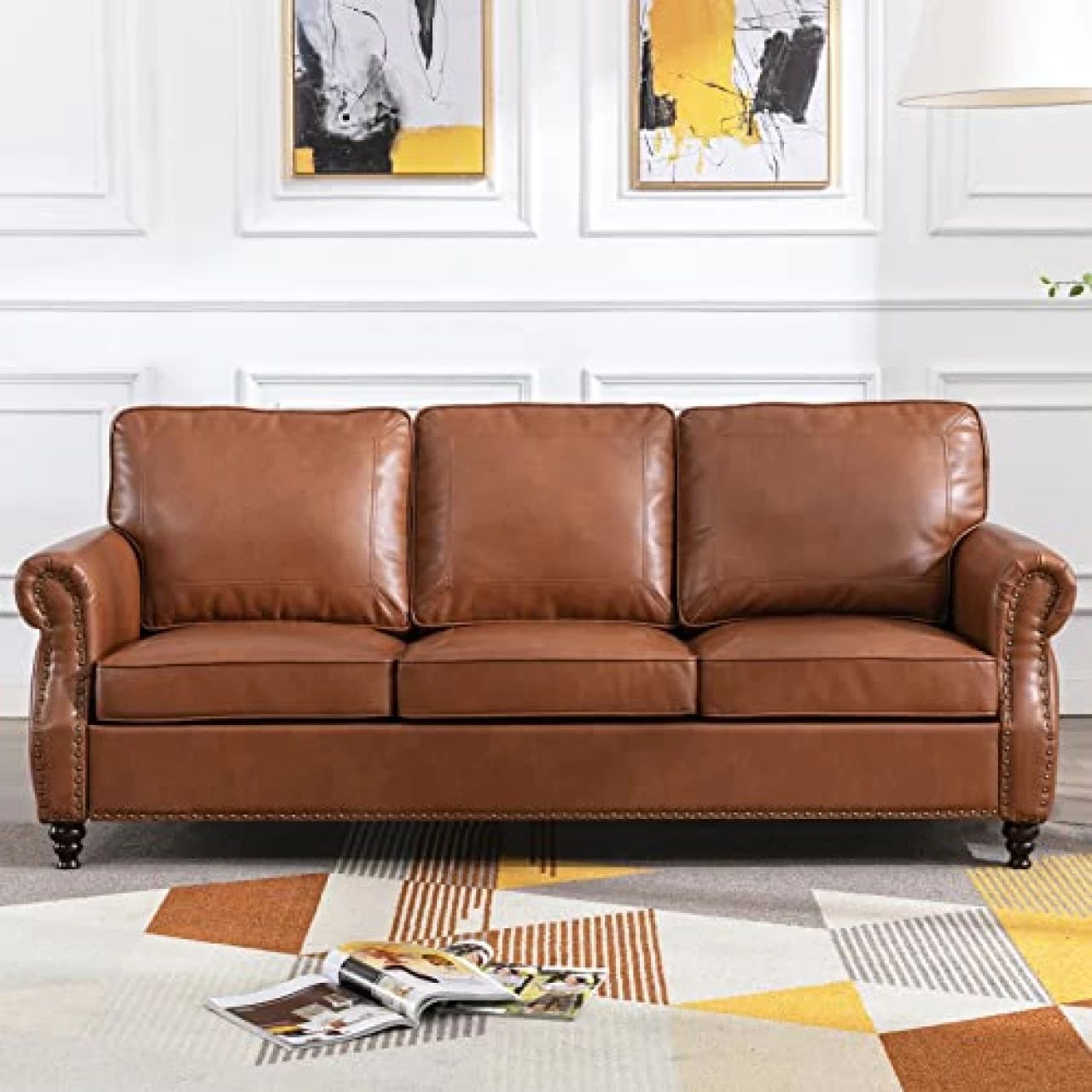 Dreamsir 79&rsquo;&rsquo; Traditional Faux Leather Sofa Couch with Nailhead Trim