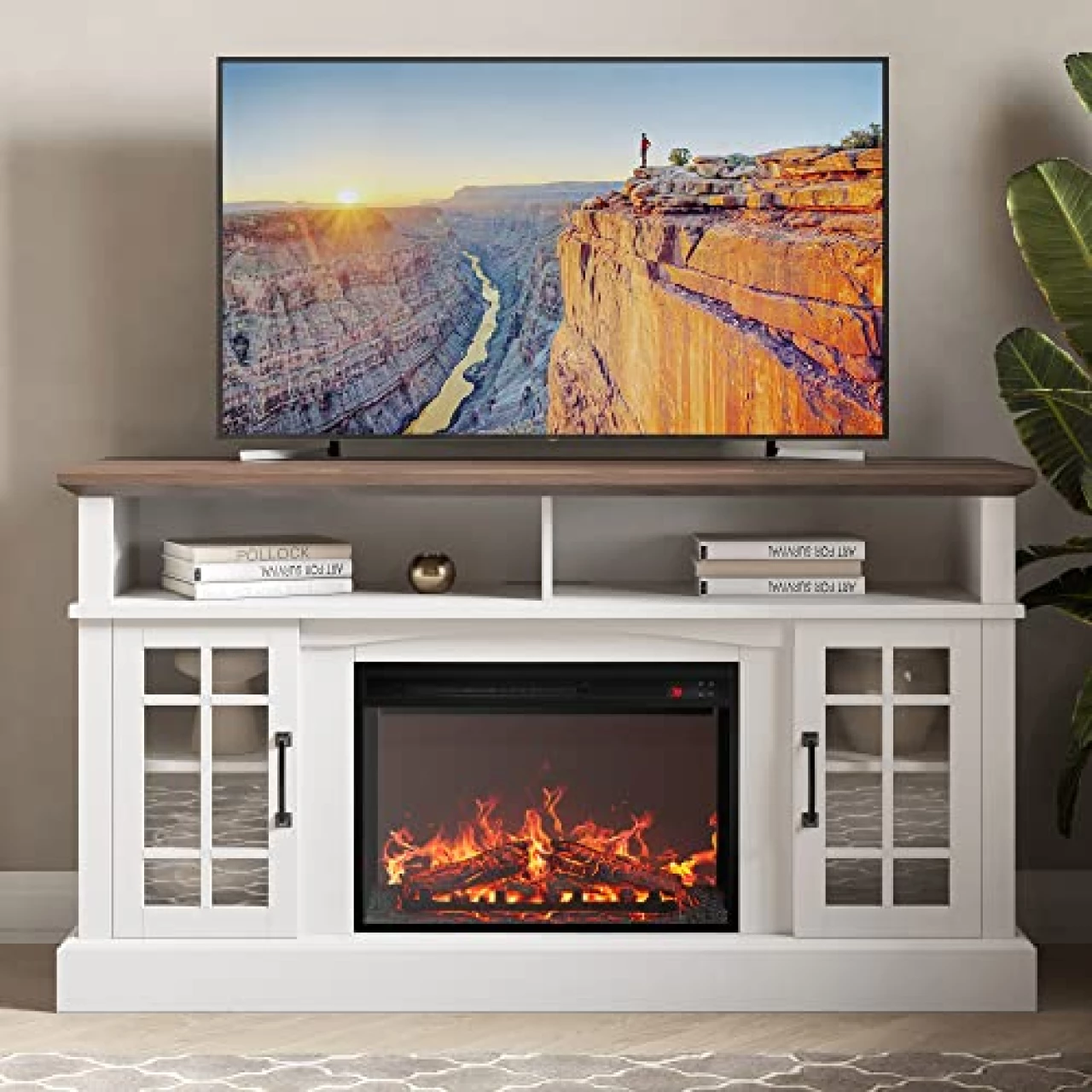 BELLEZE Traditional 58&quot; Rustic TV Stand with 23&quot; Electric Fireplace Heater, Media Entertainment Center Console Table for TV up to 65&quot; with Open Storage Shelves and Cabinets - Astorga (White)