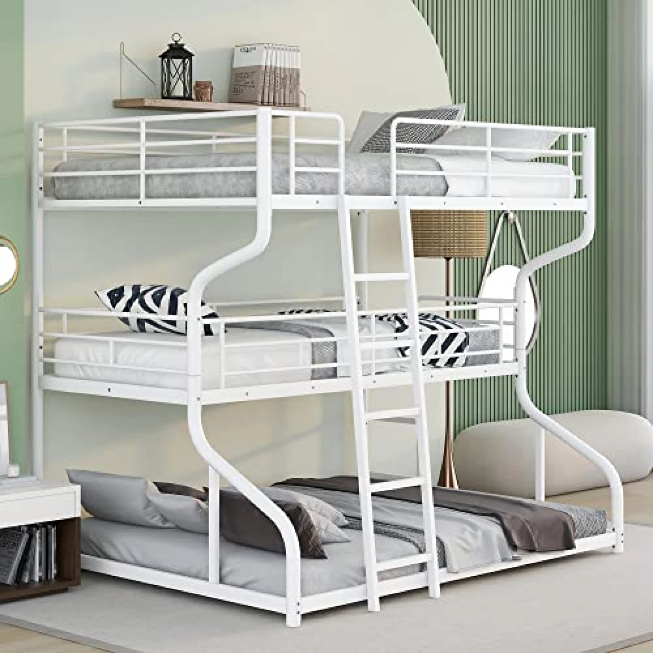 ManyStars Full Over Twin Over Queen Size Triple Bunk Bed with 2 Ladders, Bed Frame with Full-Length Guardrail for Kids Teens Girls Boys Bedroom, White