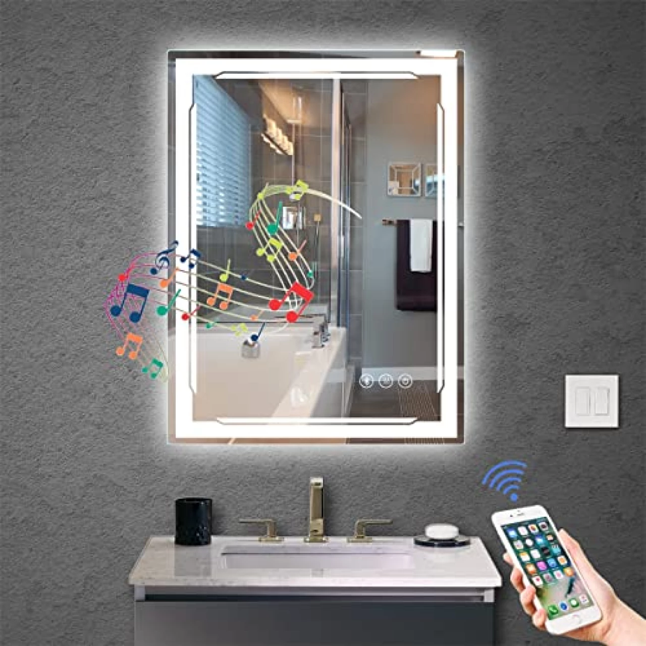 M LTMIRROR 24x32 Lighted Bathroom Mirror with Bluetooth Speaker - Smart LED Vanity Makeup Wall Mounted Mirrors - 3 Lights Setting Anti-Fog Dimmable Touch Button Vertical/Horizontal