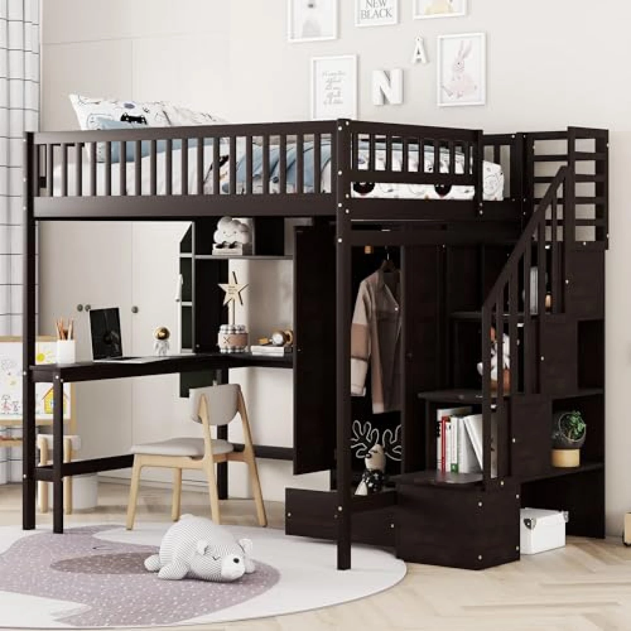 Merax Full Size Loft Beds Stairway Loft Bed Frame with Wardrobe, Desk, Bookcase and Drawers, Espresso