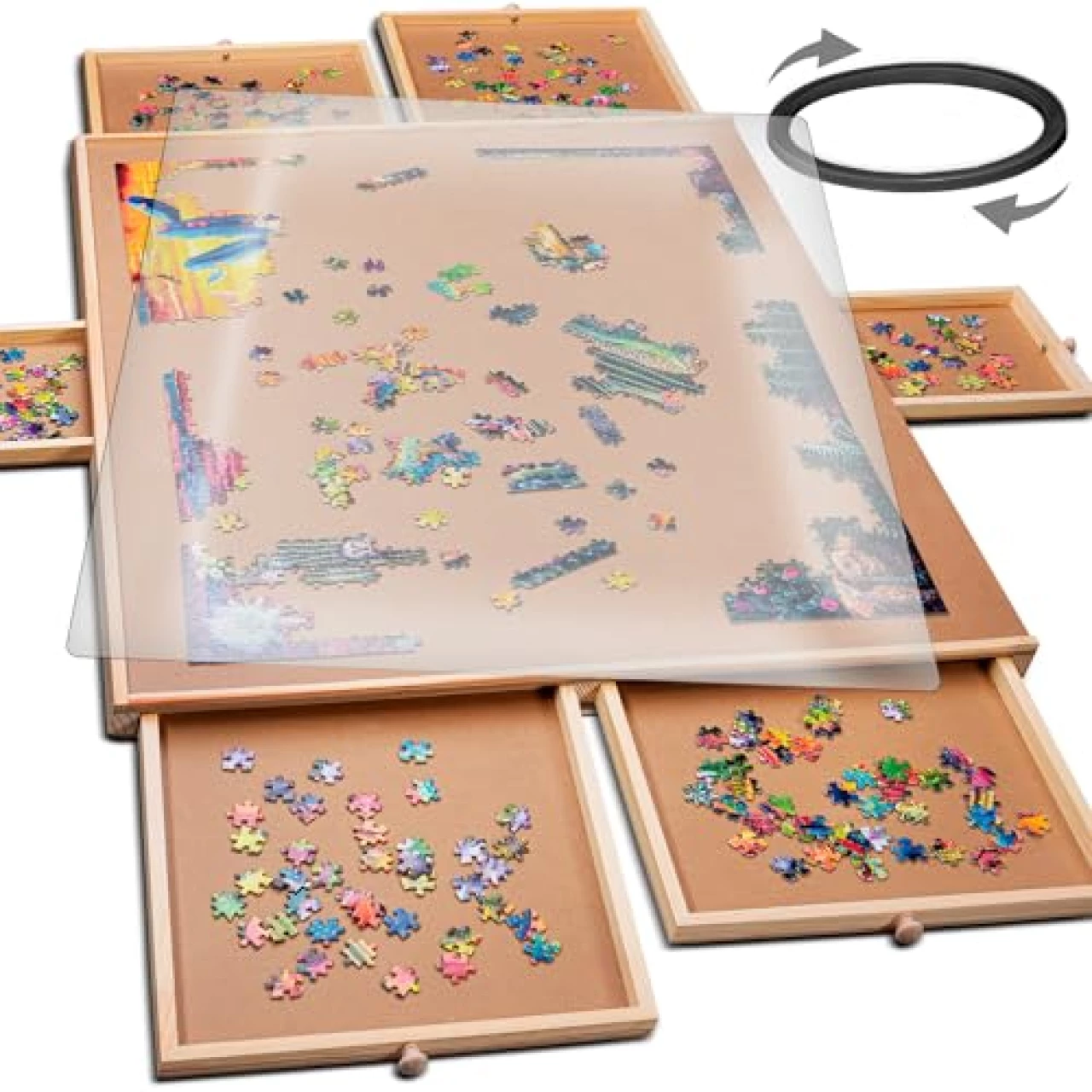 1500 Piece Rotating Wooden Jigsaw Puzzle Table - 6 Drawers, Puzzle Board with Puzzle Cover | 27” X 35” Jigsaw Puzzle Board Portable