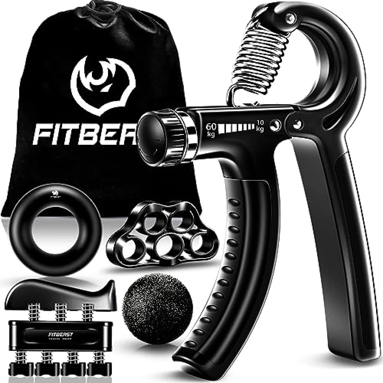 FitBeast Hand Grip Strengthener Workout Kit (5 Pack) Forearm Grip Adjustable Resistance Hand Gripper, Finger Exerciser, Finger Stretcher, Grip Ring &amp; Stress Relief Grip Ball for Athletes