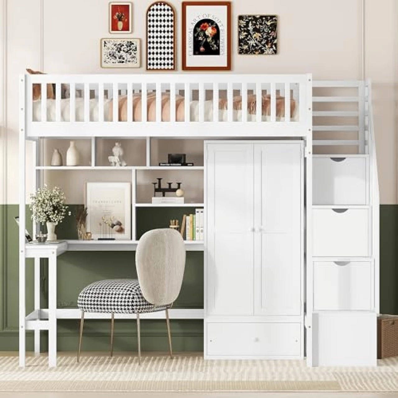 Harper &amp; Bright Designs Twin Loft Bed with Stairs and Wardrobe, Wooden Twin Size Loft Bed with Desk Underneath, Loft Bed with Storage Staircase and Shelves for Girls Boys Teens,White