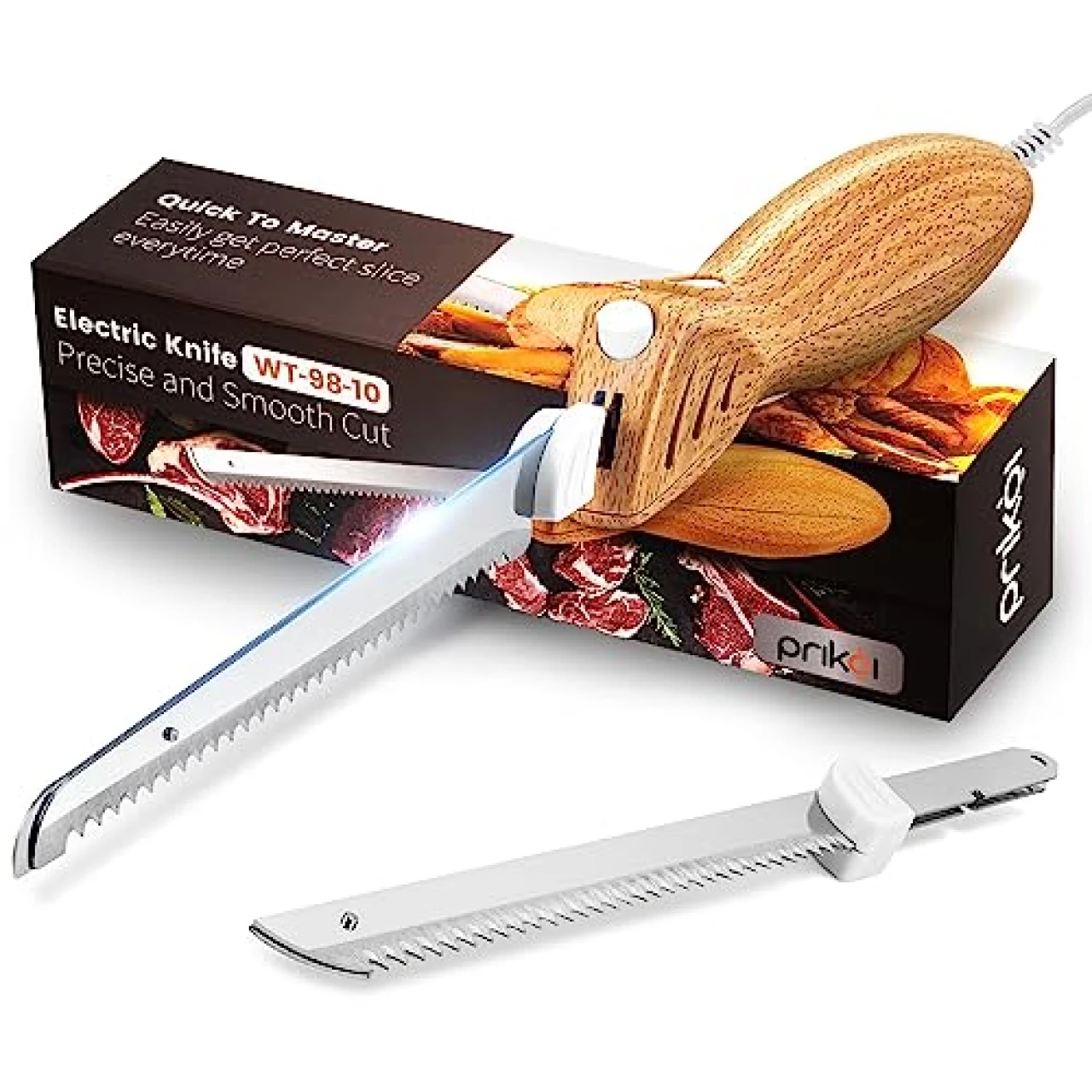 Prikoi Electric Knife - Easy-Slice Serrated Edge Blades for Carving Meat, Bread, Turkey, Ribs, Fillet, DIY, Ergonomic Handle + 2 Blades for Raw &amp; Cooked Food(Faux Wood)