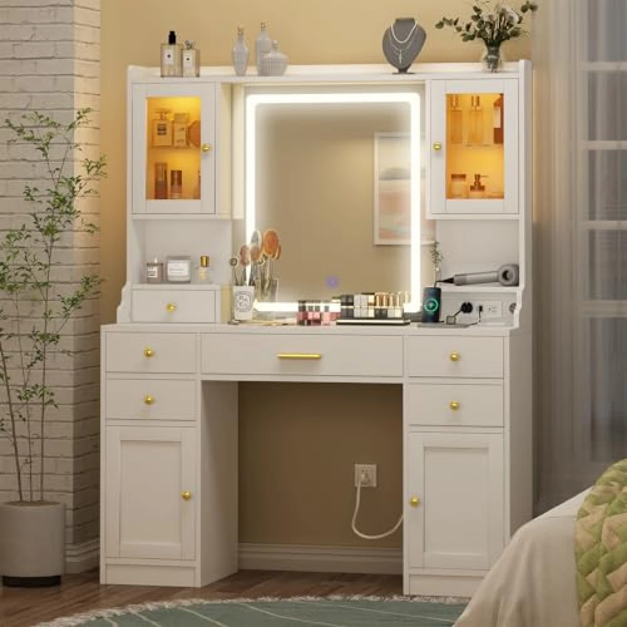 White Large Vanity Desk with Mirror, Lights and Charging Station