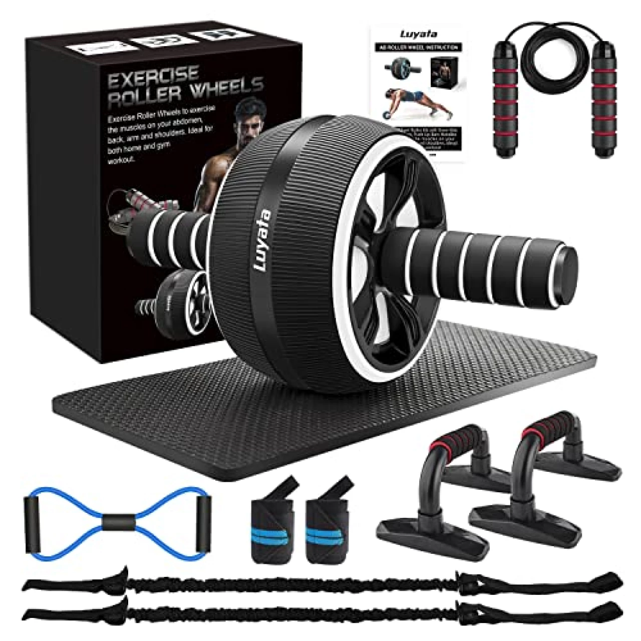 Ab Roller Wheel, 10-In-1 Ab Exercise Wheels Kit with Resistance Bands, Knee Mat, Jump Rope, Push-Up Bar