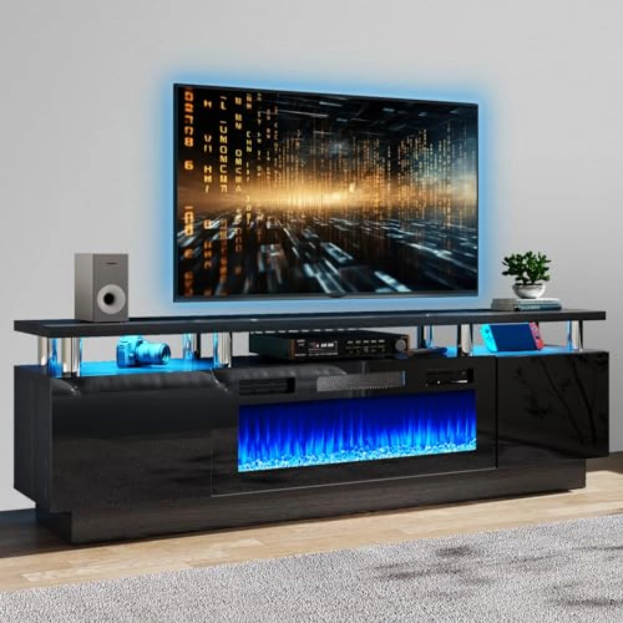 oneinmil Fireplace TV Stand with 36&quot; Electric Fireplace,LED Light Entertainment Center,2 Tier TV Console Stand for TVs Up to 80&quot;,Fireplace for The Living Room TV Stand,Black