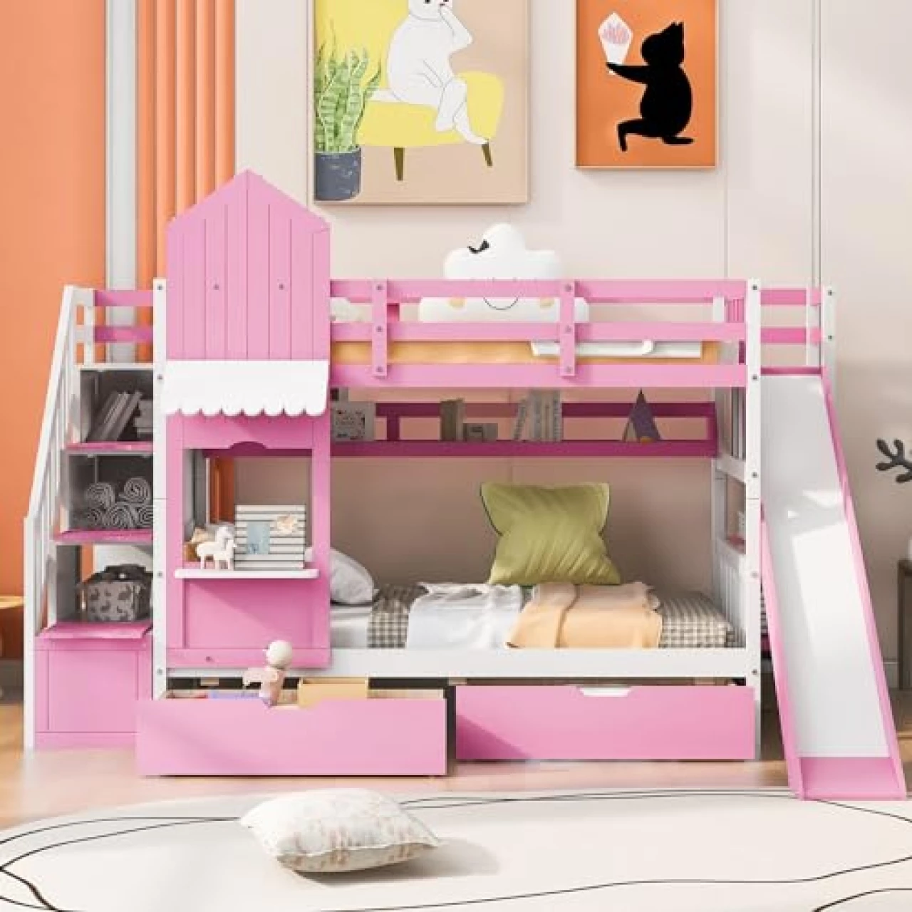 BIADNBZ Wooden Twin Over Twin Bunk Bed with Storage Stair and 2 Drawers,3 Shelves,Castle Style Kids BedFrame with Bookshelf and Slide for Bedroom,Pink