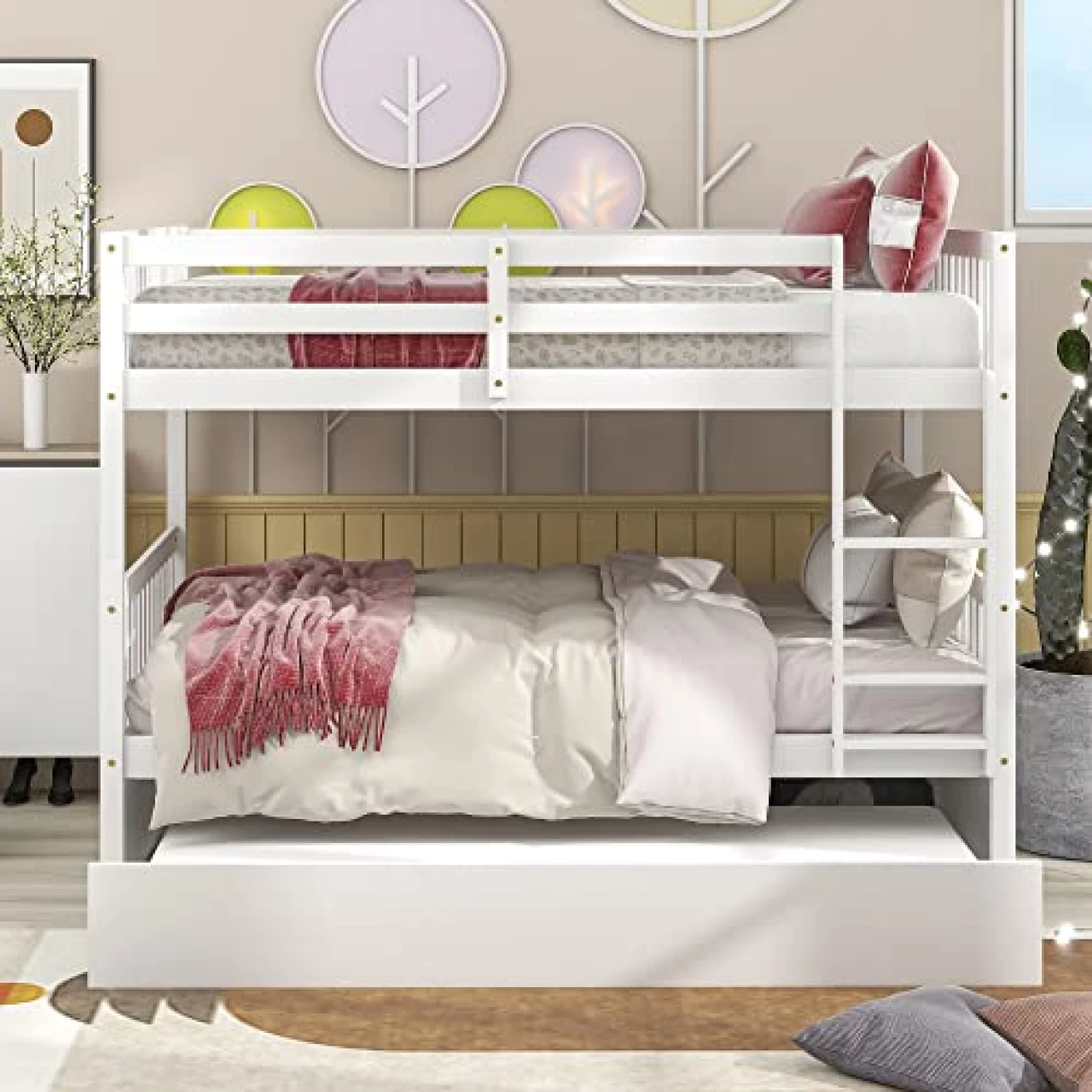 BIADNBZ Full Over Full Bunk Bed with Trundle, Solid Wood 3 Bedframe with Ladder and Safety Rails, can be Detachable, for Kids Teens Adults, Bedroom/Dorm Furniture, White