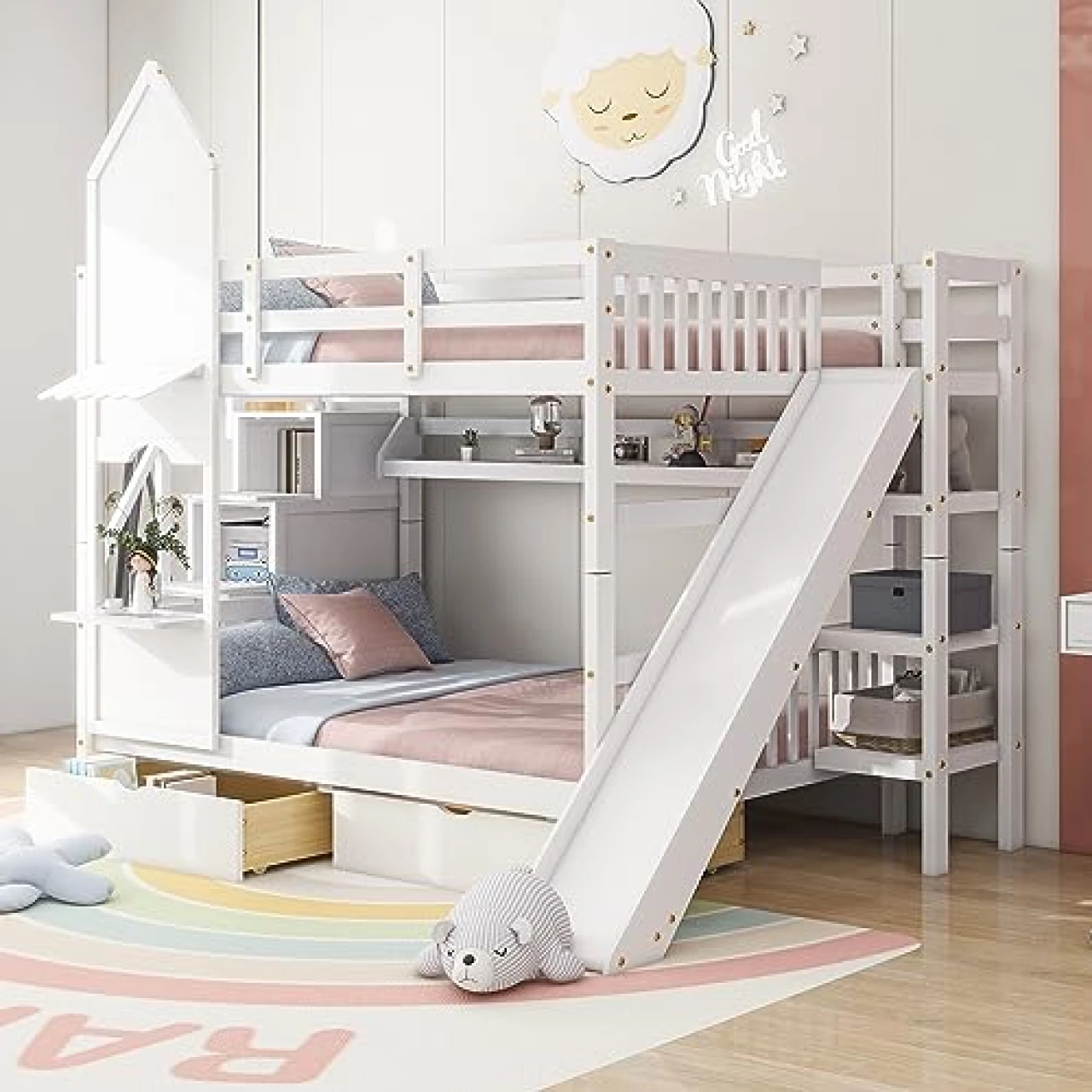 ERYE Full Over Full Size Castle Style Bunk Bed with 2 Drawers, Shelves and Slide
