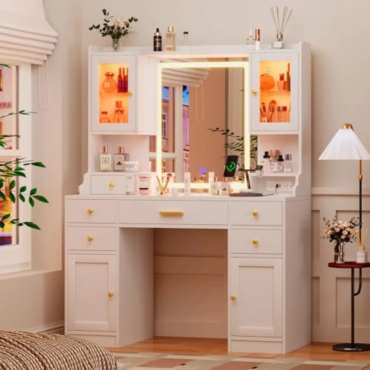 White Vanity Desk with Mirror, Lights and Charging Station - Large Makeup Table Set with RGB Cabinets and 3 LED Light Modes