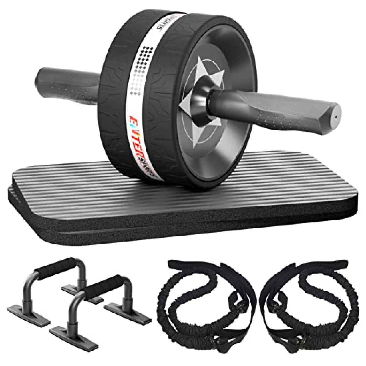EnterSports Abs Roller Wheel Kit, Exercise Wheel Core Strength Training Abdominal Roller Set with Push Up Bars, Resistance Bands, Knee Mat Home Gym Fitness Equipment