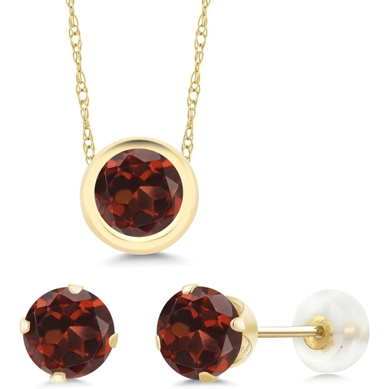 Gem Stone King 14K Yellow Gold Red Garnet Pendant and Earrings Jewelry Set