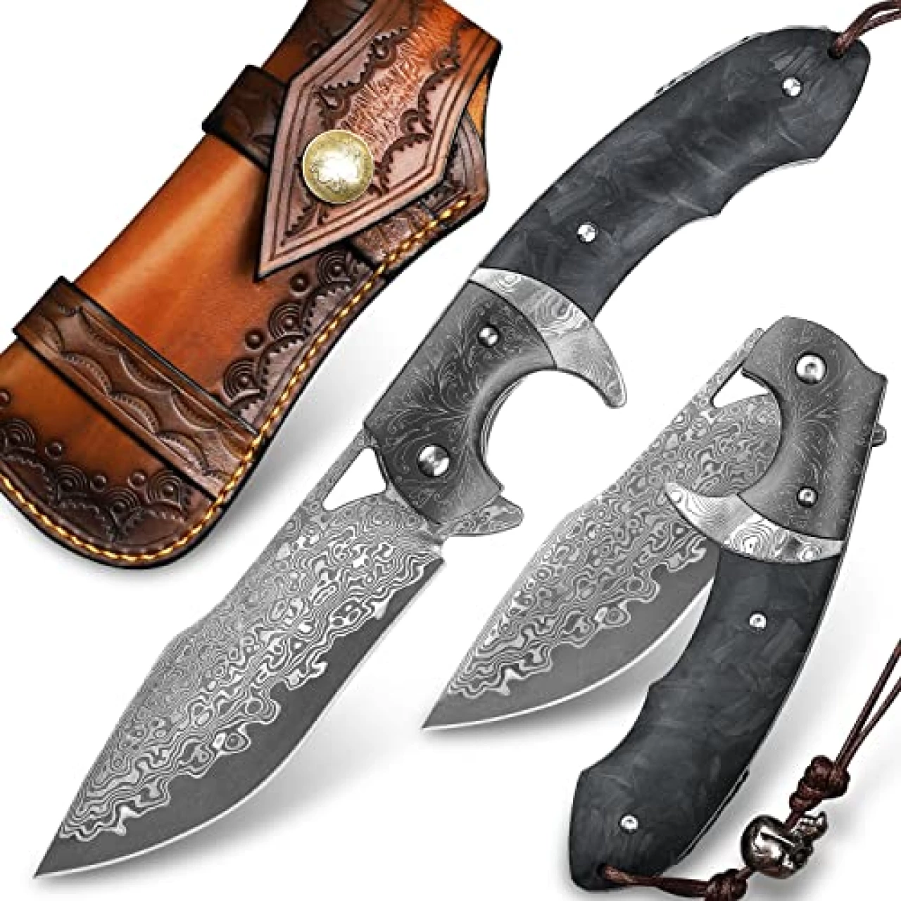 Minowe Handmade Damascus Steel Folding Knife with Leather Case