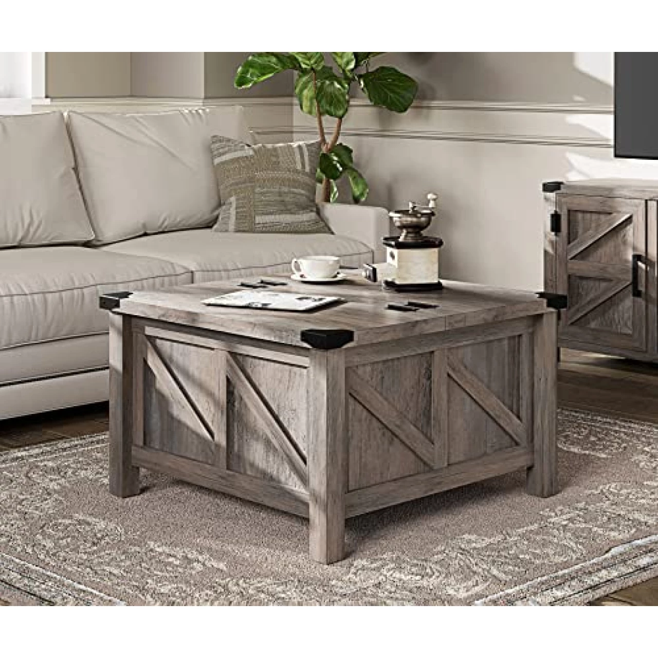 WAMPAT Square Coffee Table, Rustic Farmhouse Center Table with Lift Top and Storage for Living Room