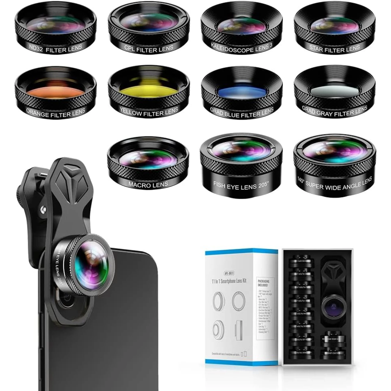Miao LAB 11 in 1 Phone Camera Lens Kit - Wide Angle Lens &amp; Macro Lens+Fisheye Lens/ND32/kaleidoscope/CPL/Color Lens Compatible with iPhone Samsung Sony and Most of Smartphone