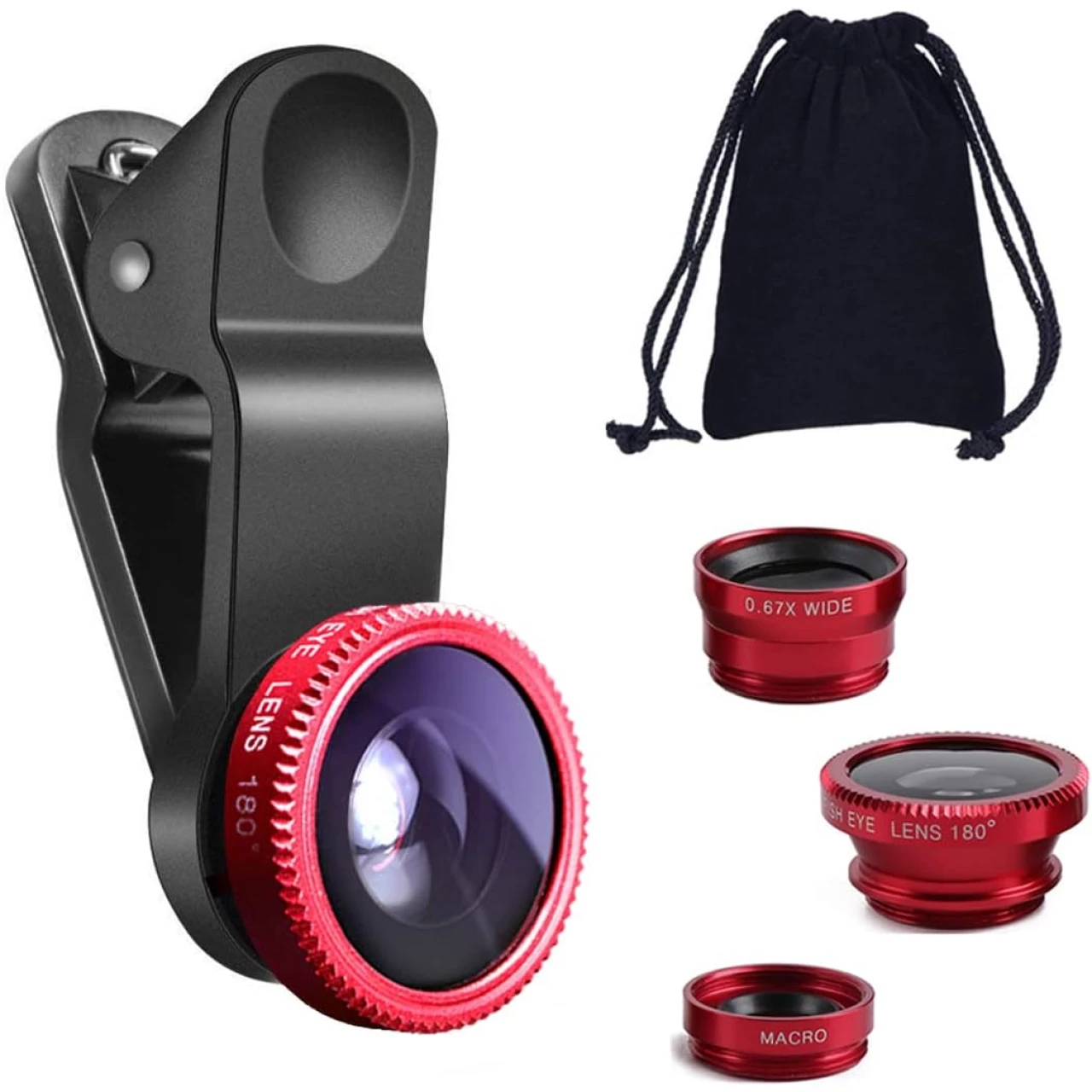 KINGMAS 3 in 1 Universal Fish Eye &amp; Macro Clip Camera Lens Kit (Red)