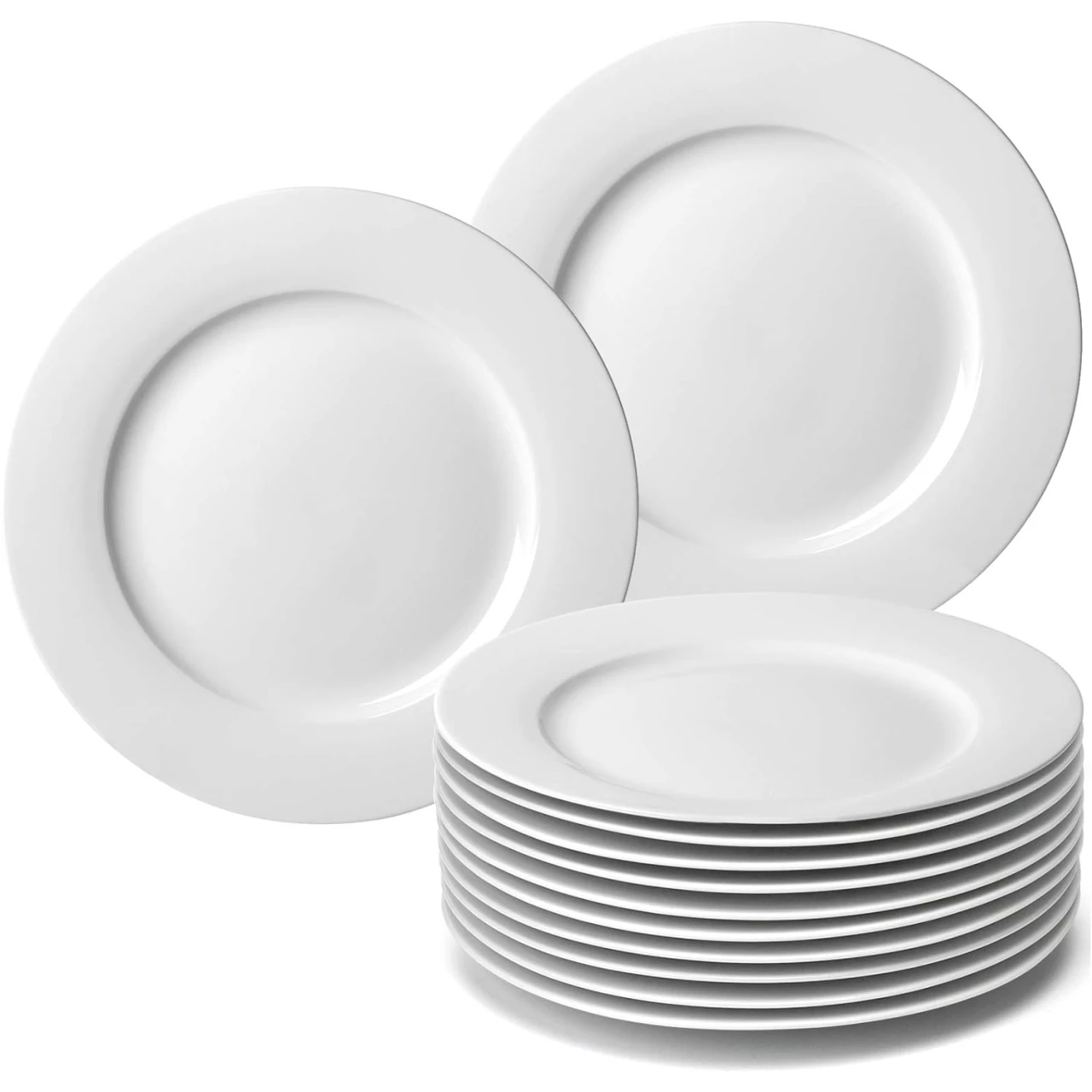 amhomel 12-Piece White Porcelain Dinner Plates, Round Dessert or Salad Plate, Serving Dishes, Dinnerware Sets, Scratch Resistant, Lead-Free, Microwave, Oven and Dishwasher Safe (10.5-inch)
