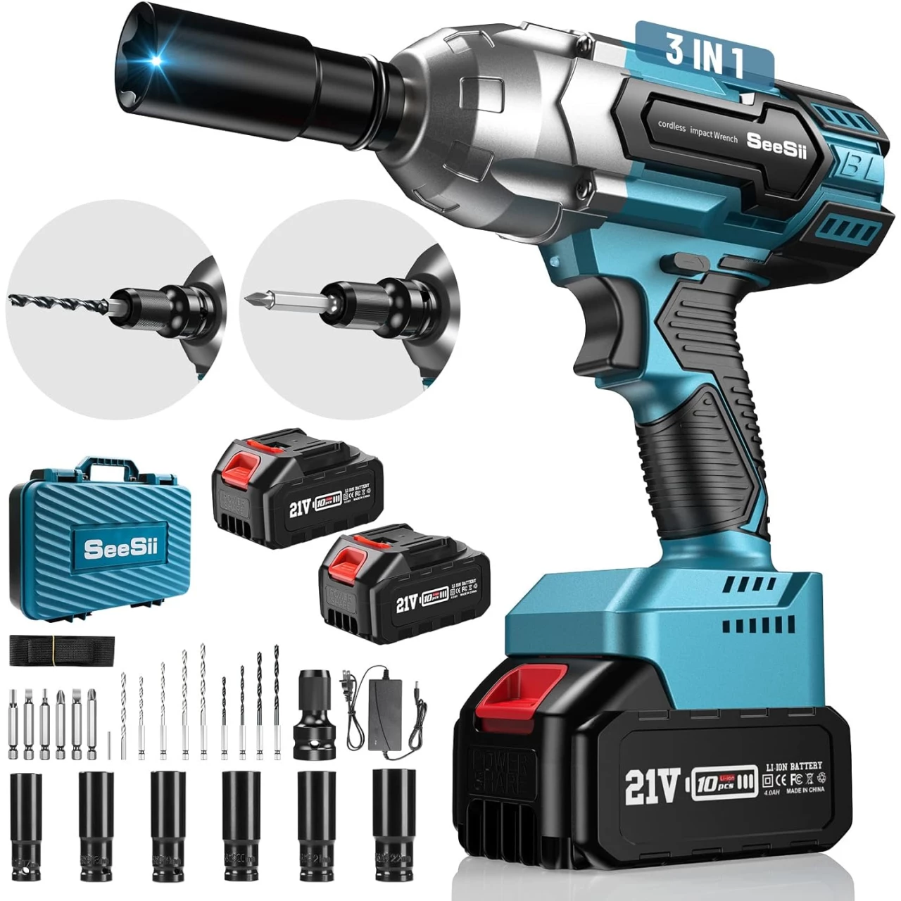 SeeSii Brushless Power Impact Wrench, Cordless, 1/2 inch Max High Torque 479 Ft-lbs(650Nm), 3300RPM w/ 2x 4.0 Battery, 6 Sockets,9 Drill,6 Screws for Car Home, WH700
