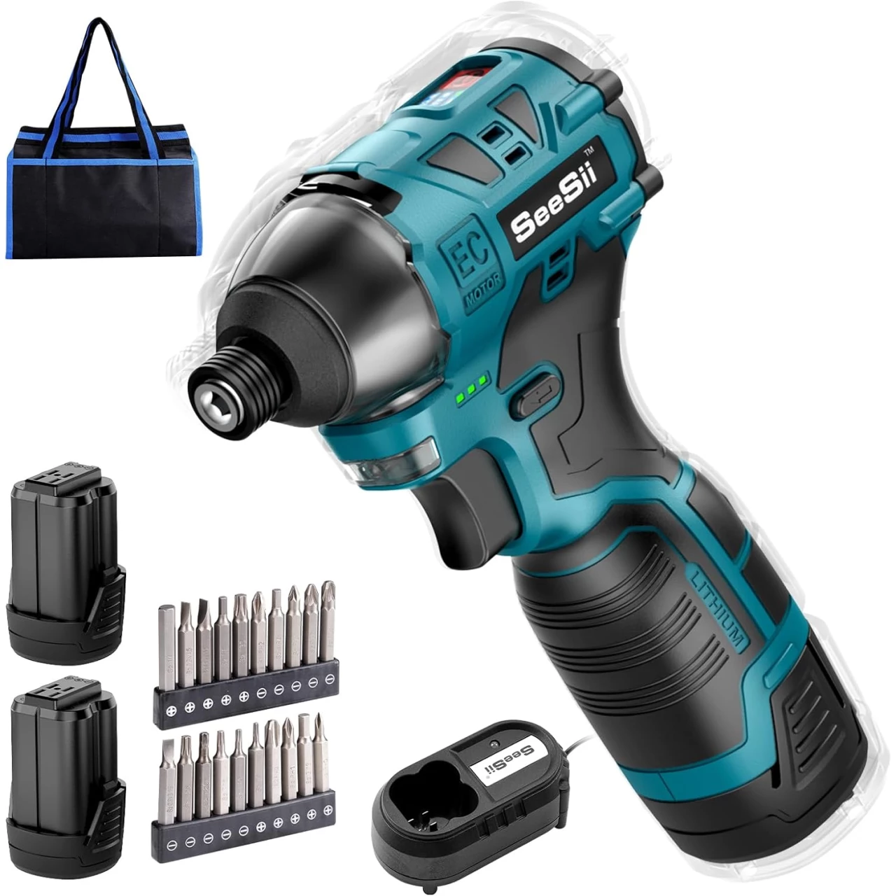 Impact Driver Kit,Seesii 16V Cordless Impact Driver Set w/Max Torque 1240 In-lbs,1/4&quot; Hex Chuck Power Impact Driver w/Two 2.0Ah Battery,0-2700RPM Variable Speed,20Pcs Driver Bits