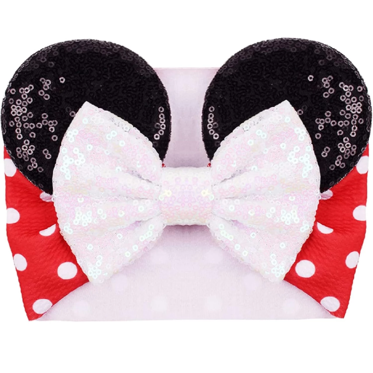 Kiszu Sparkle Mouse Ears Baby Girl Headband with Bow Waffle Red White Dots Turban Headwear for Newbron Infant Toddler Kids Head Decorations Gift