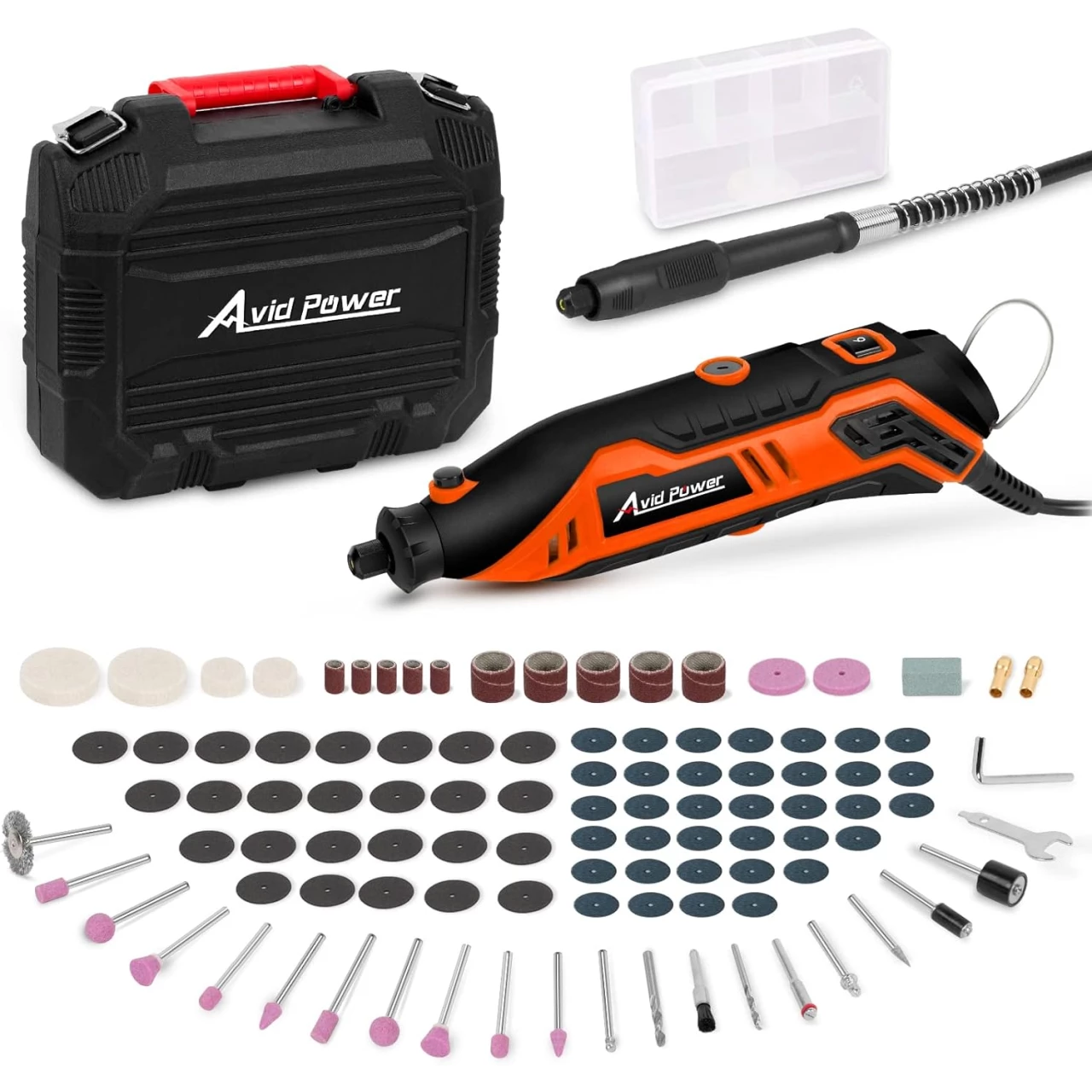 AVID POWER Rotary Tool with Flex Shaft 1.0 Amp Electric Rotary Tool, 6 Variable Speeds, 107 Pieces Rotary Tool Accessories &amp; Carrying Case for Grinding, Cutting, Carving and Sanding - Orange