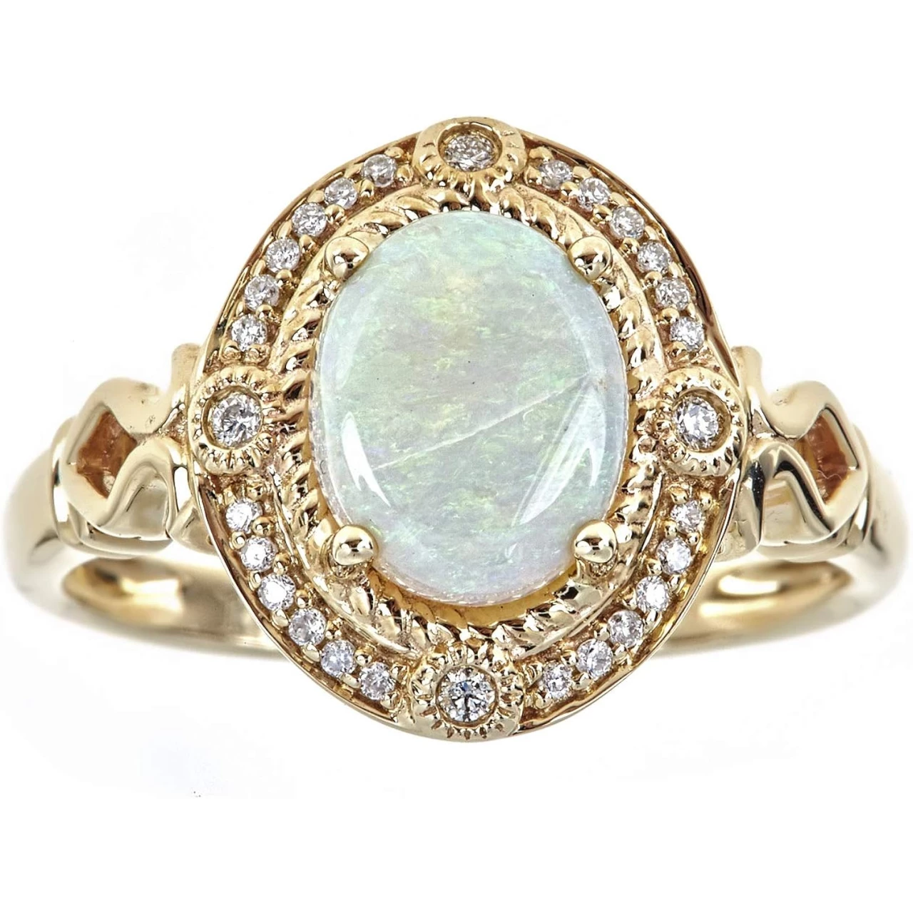 Gin &amp; Grace 14K Yellow Gold Natural Ethiopian Opal Ring with Real Diamonds