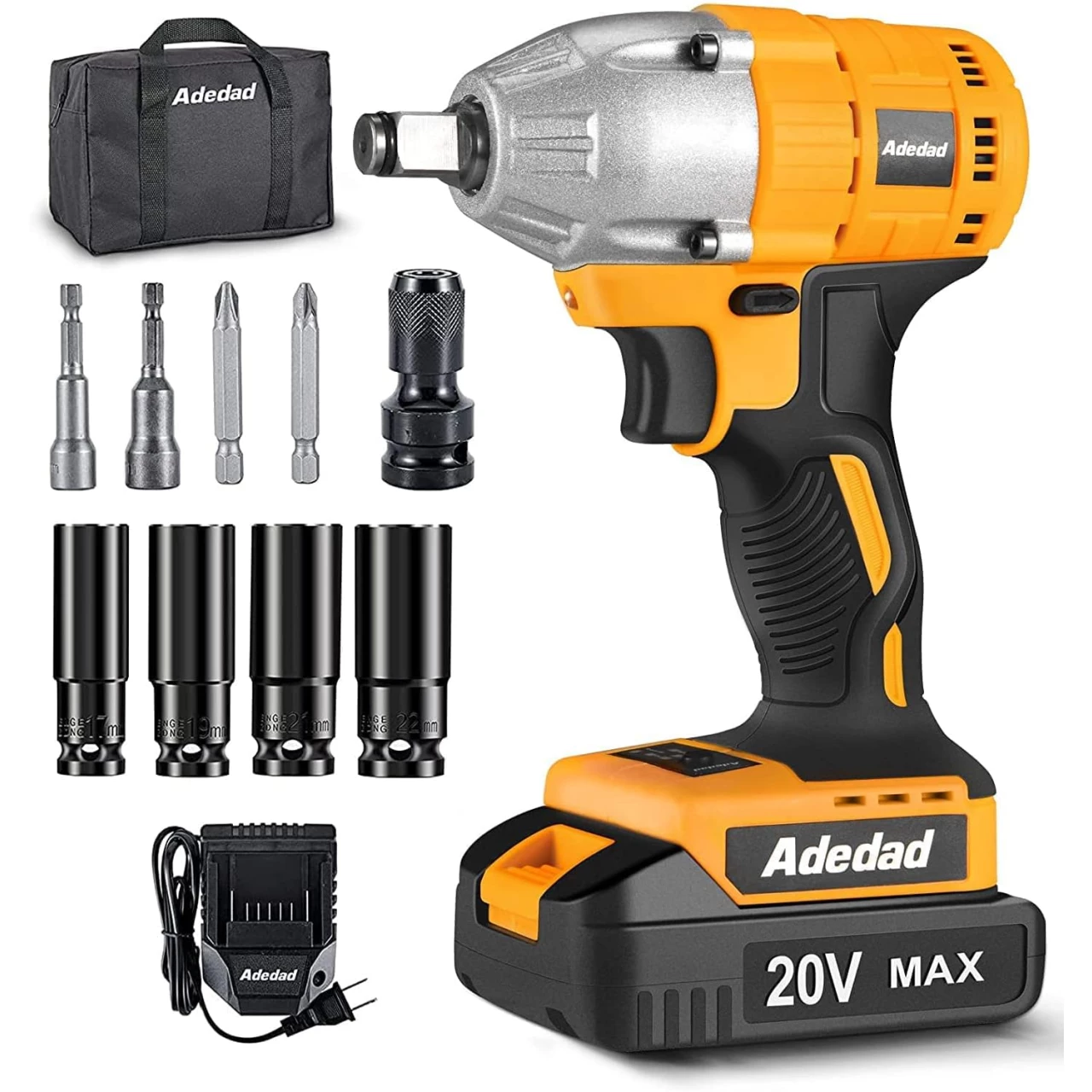 Adedad Cordless Impact Wrench 1/2 inch, 20V Brushless Impact Gun with Battery and Charger, High Torque 300 ft-lbs 3000 RPM Impact Wrench with 1-Hour Fast Charger, Led Light