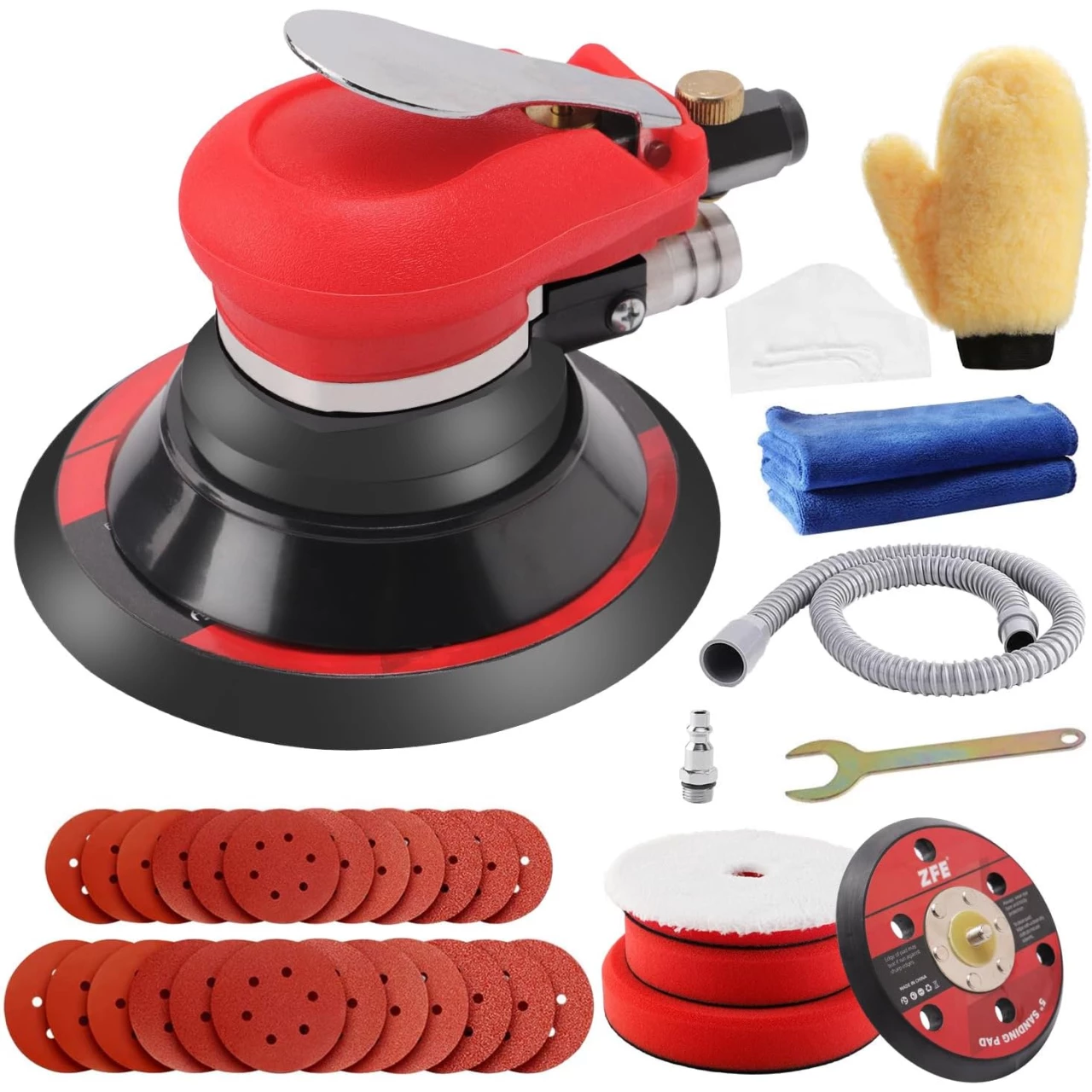 ZFE Random Orbital Sander 5&quot; &amp; 6&quot; Pneumatic Palm Sander with Extra 5&quot; Backing Plate, Sponge Polishing Pads, Sandpapers Low Vibration and Heavy Duty for Wood, Composites, Metal