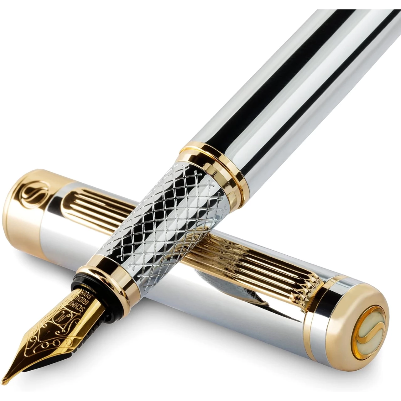Scriveiner Silver Chrome Fountain Pen - 24K Gold Finish