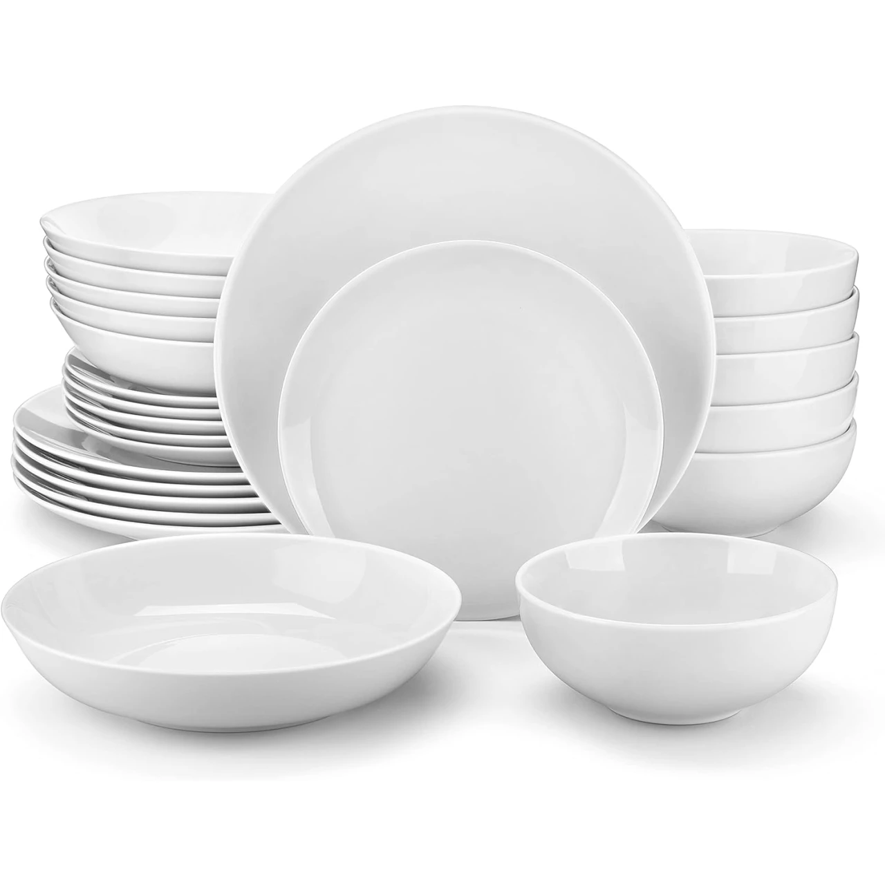 MALACASA 24-Piece Gourmet Porcelain Dinnerware Sets, Modern White Round Dish Set for 6