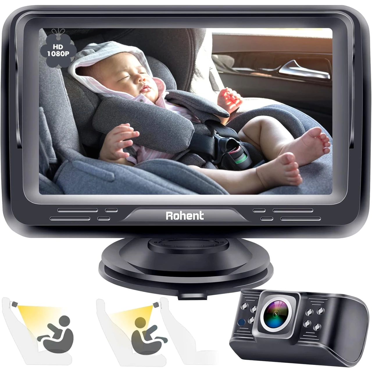 Rohent Baby Car Camera HD 1080P - 360° Rotating Crystal Night Vision Car Baby Monitor