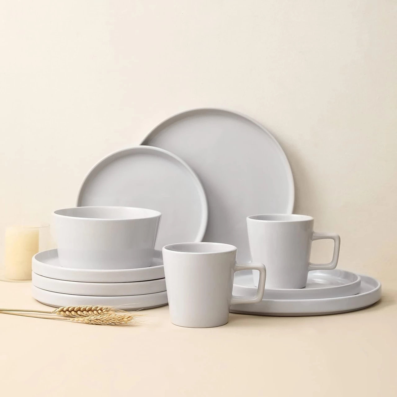 Stone Lain Celina Stoneware 16-Piece Dinnerware Set, White Glossy, Service For 4
