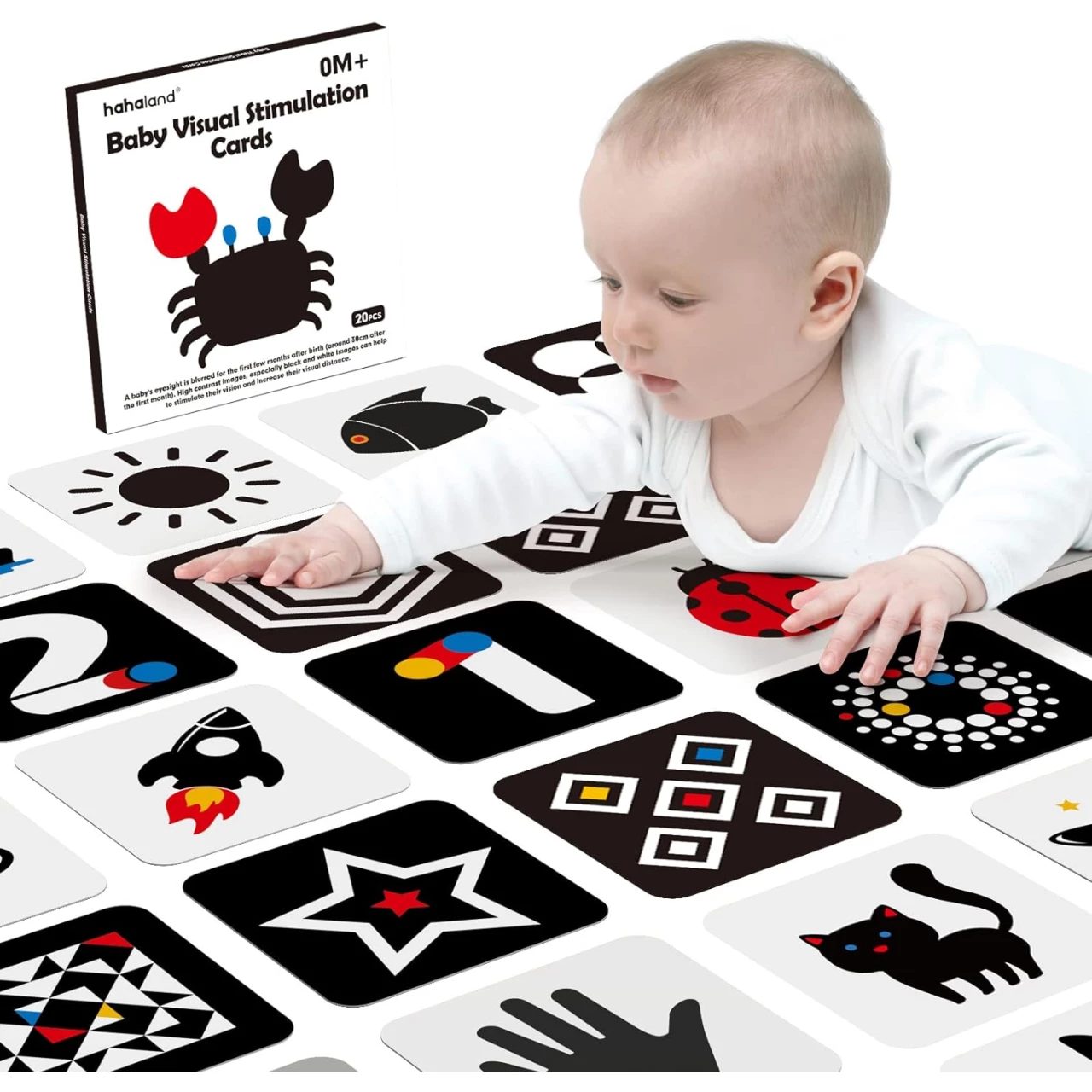 hahaland High Contrast Baby Flashcards - Black and White Infant Baby Cards 0-6 Months Tummy Time 0-3-6 Months Montessori Sensory Cards, 20 PCs 6&rsquo;&lsquo;×6&rsquo;&rsquo; Newborn Brain Visual Stimulation Baby Boy Gifts