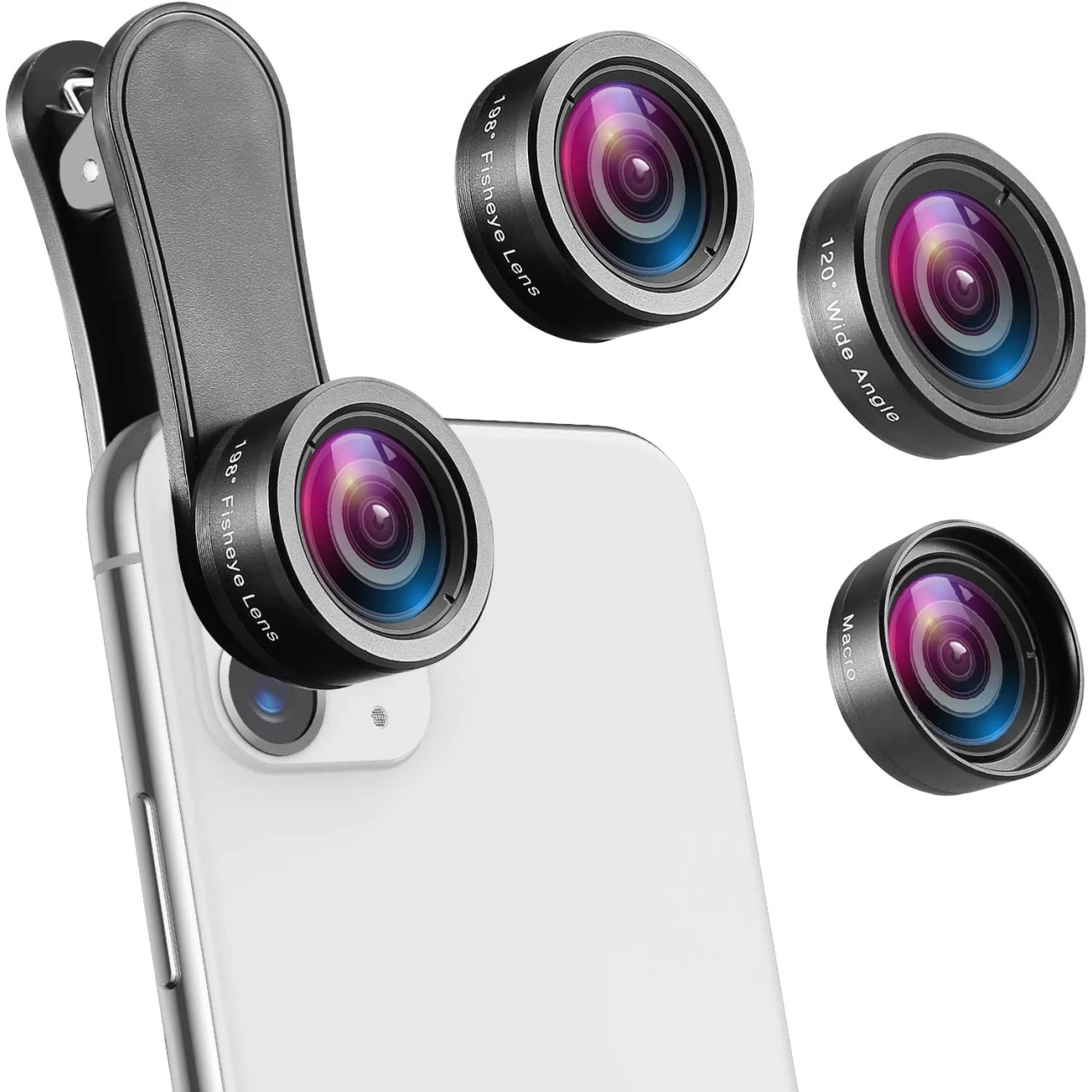 Criacr Phone Camera Lens, 198° Fisheye Lens, 15X Macro Lens, 0.65X Wide Angle Lens, Clip-On 3 in 1 Cell Phone Lens for Live Video, Compatible with iPhone 11 Pro, X XR, Samsung, Other Smartphones