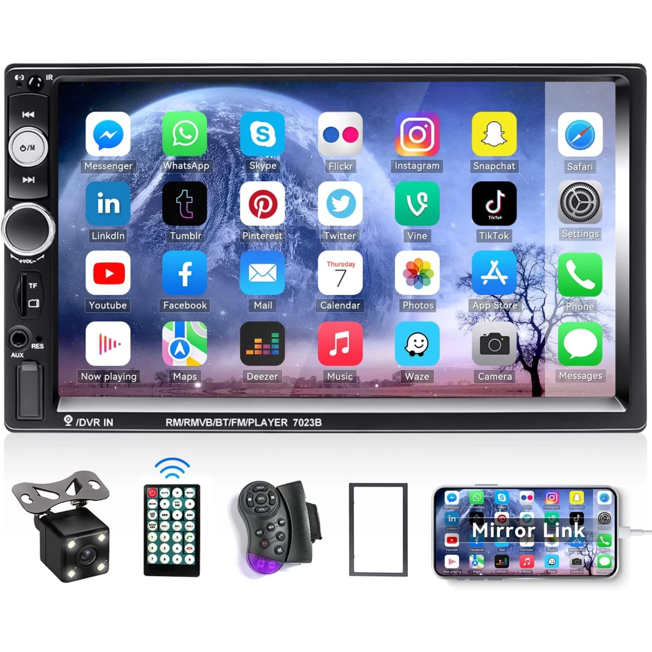 CAMECHO 7&quot; Double Din Car Stereo Audio Bluetooth MP5 Player USB FM Multimedia Radio+ 4 LED Mini Backup Camera with Steering Wheel Remote Support Mobile Phone Synchronization (Used in Android/iOS)