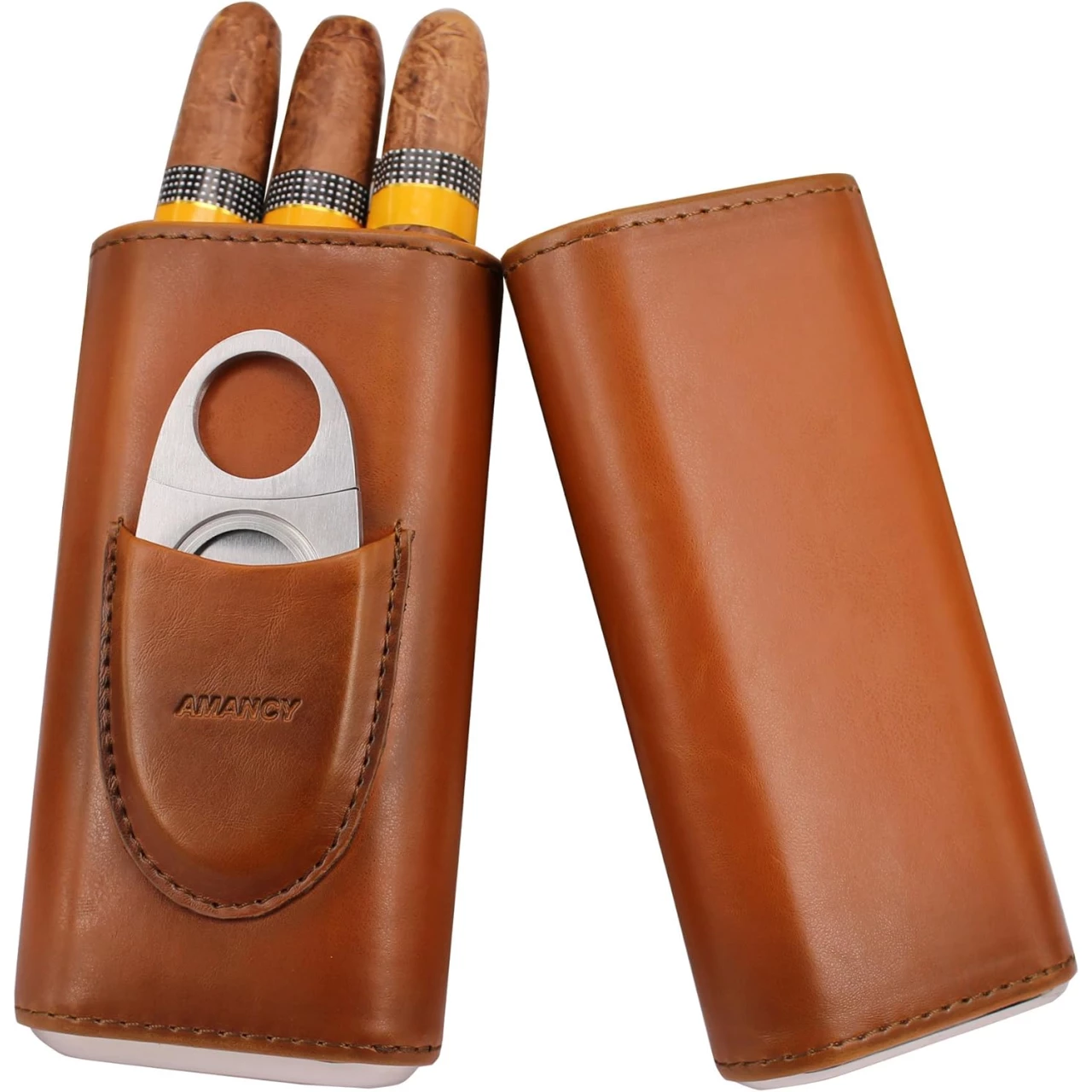 AMANCY Premium 3- Finger Brown Leather Cigar Case, Cedar Wood Lined Cigar Humidor with Silver Stainless Steel Cutter