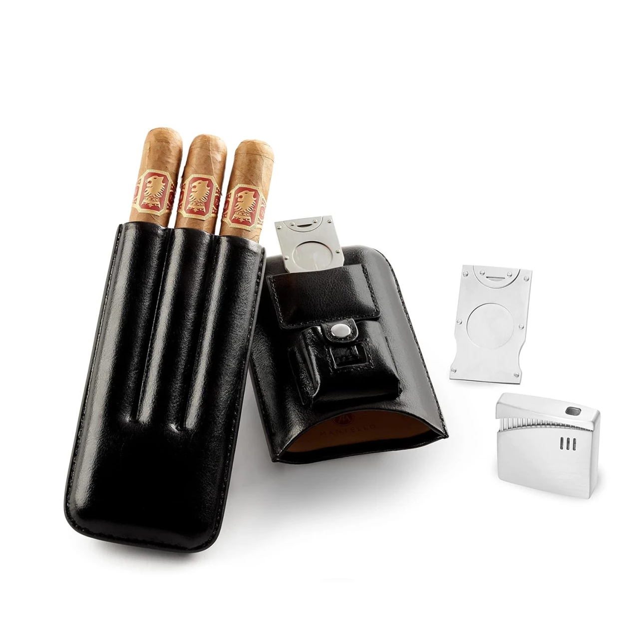 Mantello Luxury Portable 3 Holder Cigar Case Set with Cigar Cutter and Lighter Set