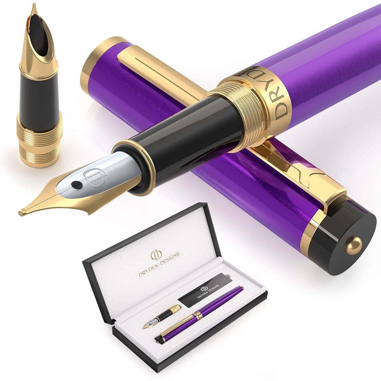 Dryden Designs Fountain Pen - Medium Nib &amp; Fine Nibs | Includes Luxury Box, 6 Ink Cartridges - 3 Black 3 Blue and Ink Refill Converter - Decadent Purple