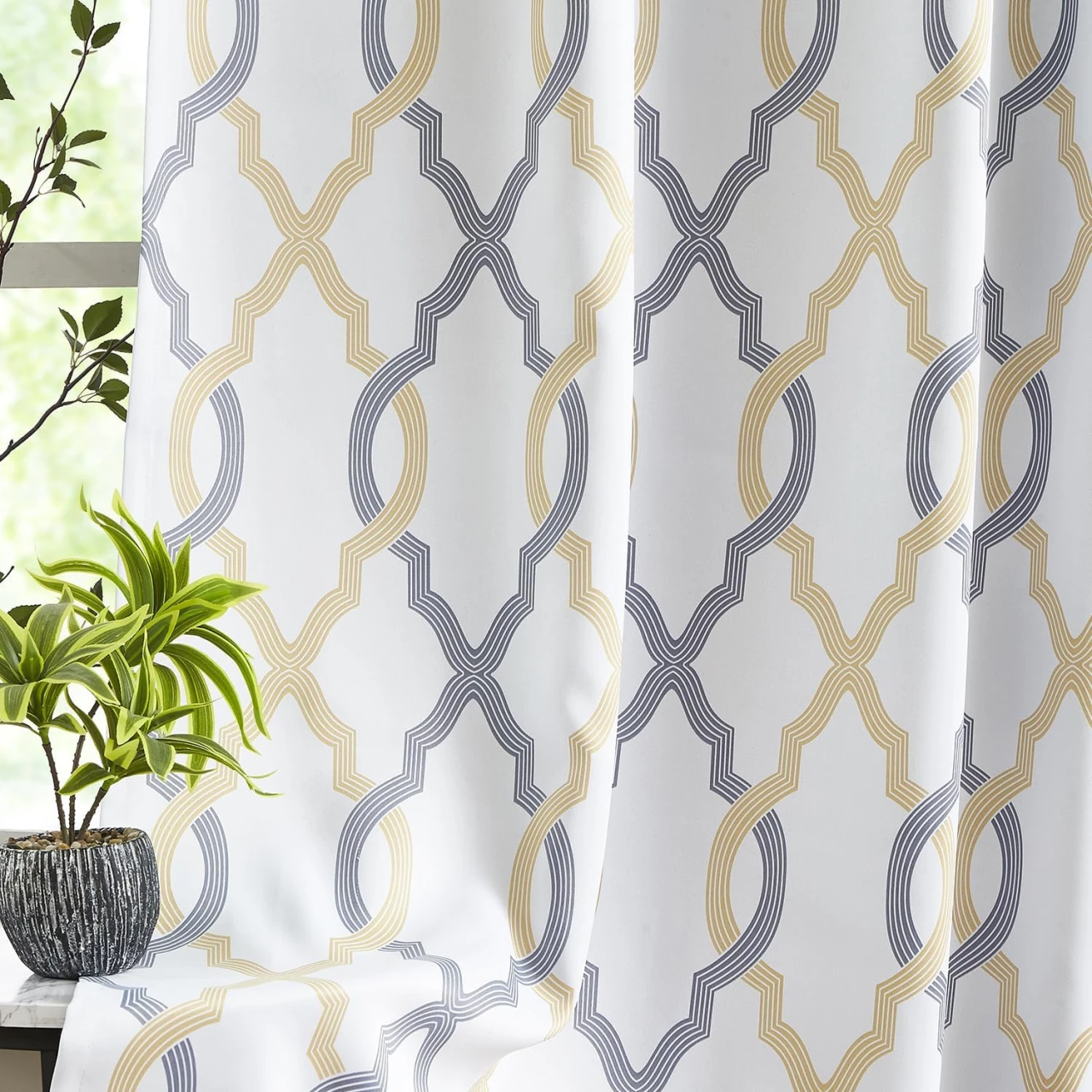 Full Blackout Curtains Yellow Grey Moroccan Tile Printed Geo Energy Efficient Rod Pocket Window Panels