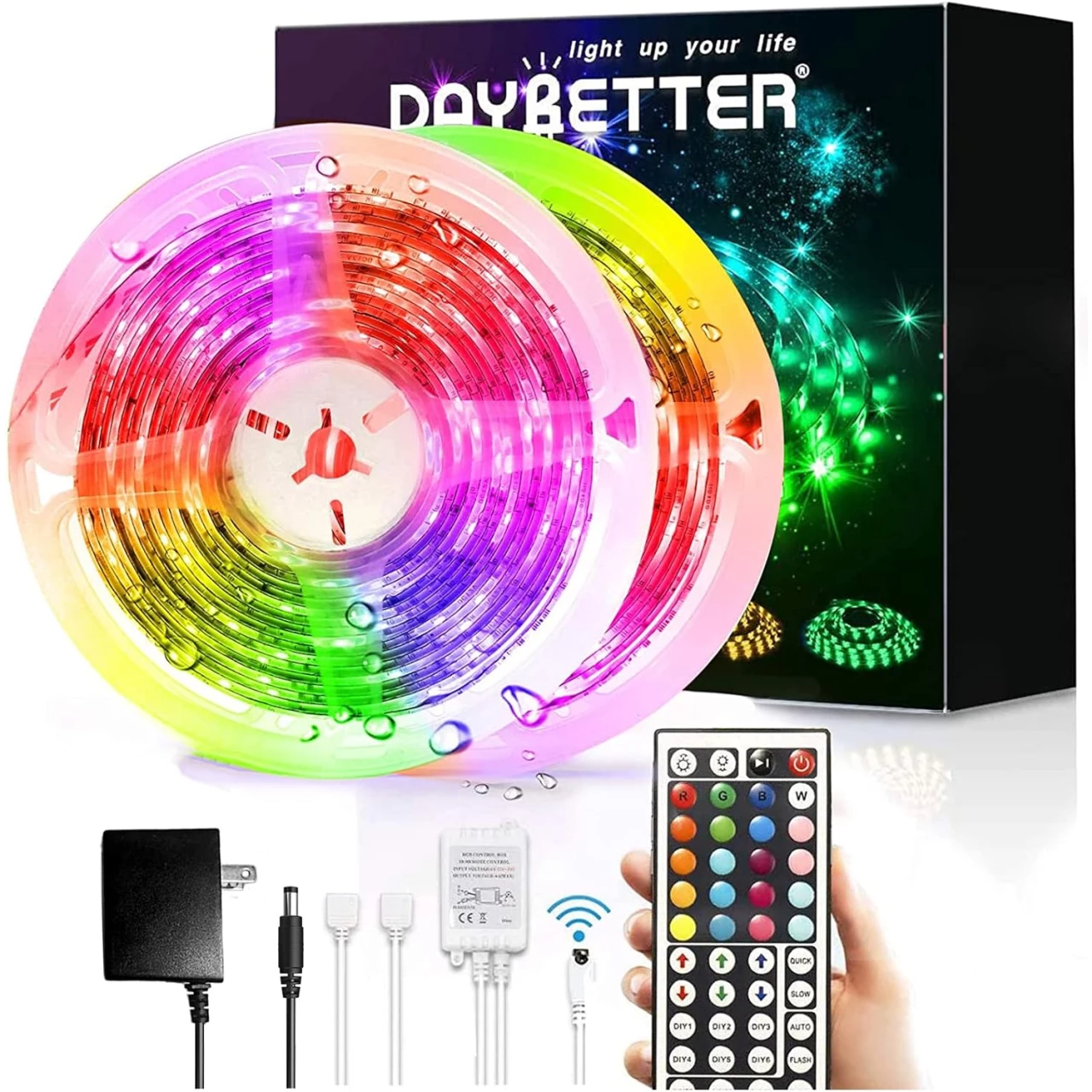 DAYBETTER Led Strip Lights Waterproof, 32.8ft(2 Rolls of 16.4ft) LED Tape Lights Color Changing 300 LEDs Light Strips Kit with 44 Keys Ir Remote Controller and 12v Power Supply for Indoor Outdoor Use