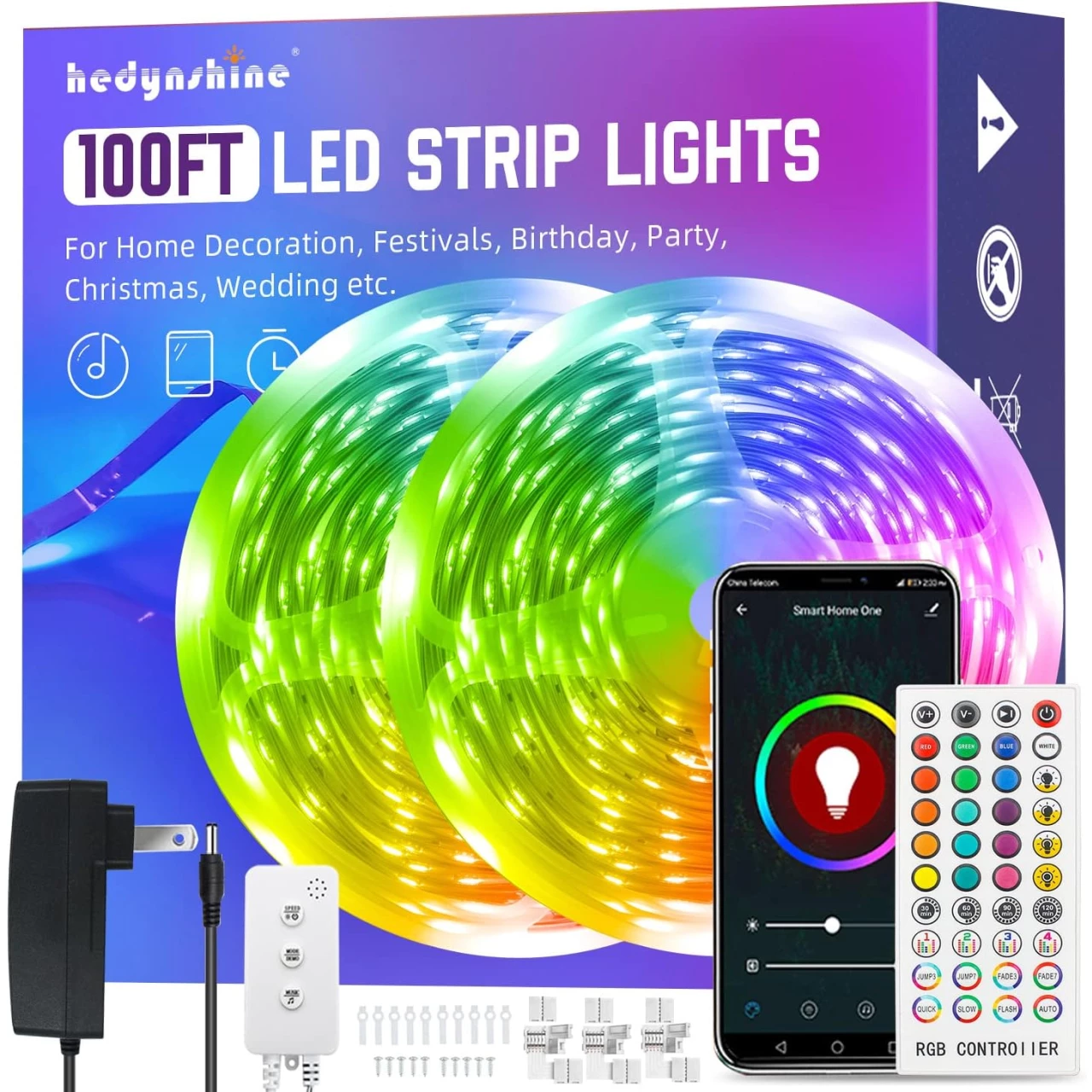 100Ft Smart LED Strip Lights, Hedynshine Dimmable Color Changing